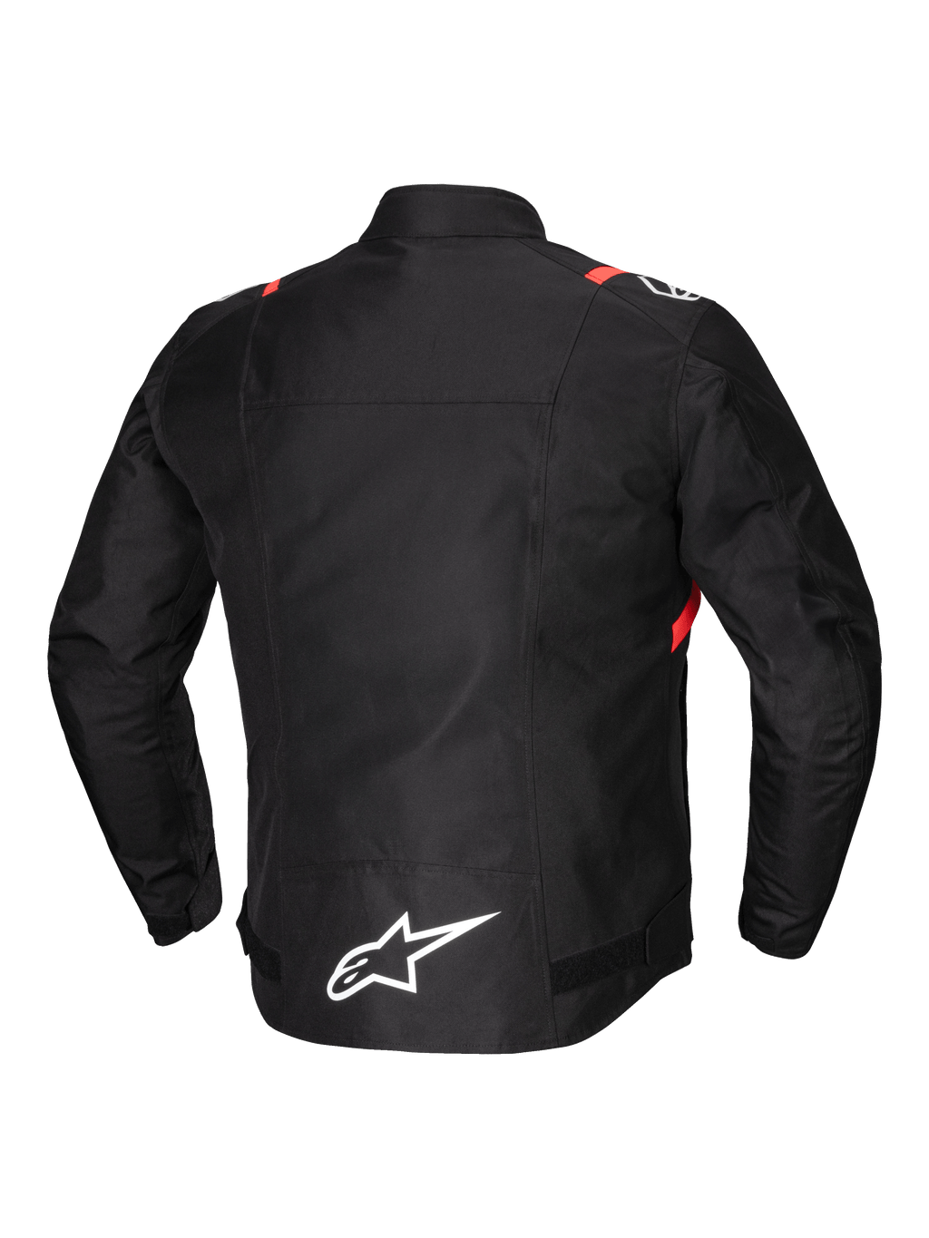Alpinestars T-SPS V2 Waterproof Jacket, men's road motorcycle textile jacket, back view, black with white and red fluo accents, featuring reflective detailing and extended back coverage