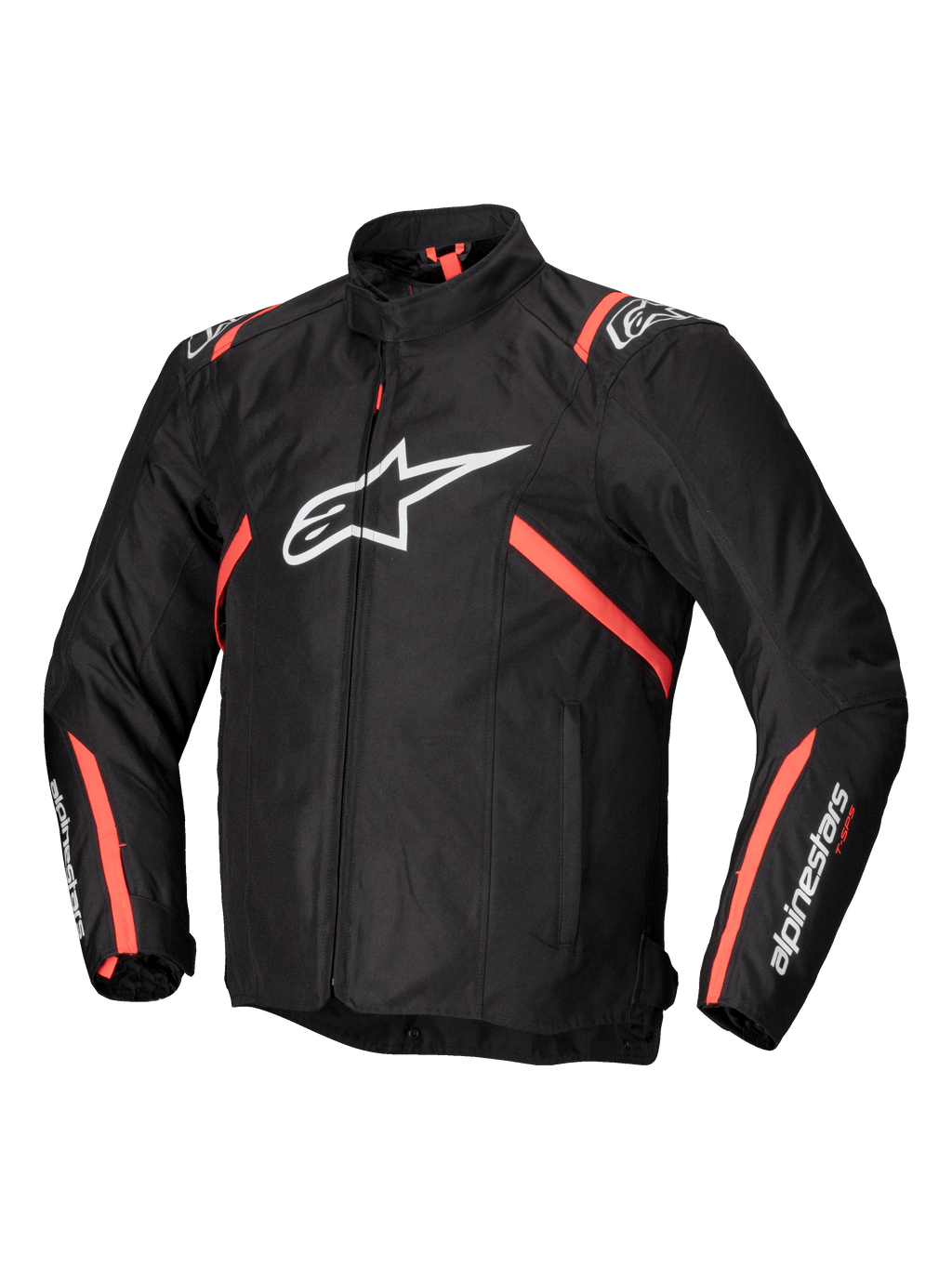 Alpinestars T-SPS V2 Waterproof Jacket, men's textile motorcycle riding jacket in black with white and red fluo accents, CE certified with Tech-Air readiness