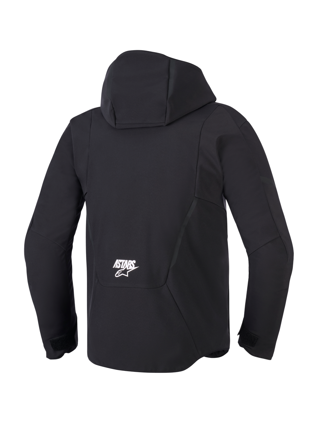 Alpinestars Aeroshell Wasserdichte Jacke, Herren-Softshell-Motorradjacke in Schwarz, Rückansicht mit Kapuze und weißem ASTARS-Logo.