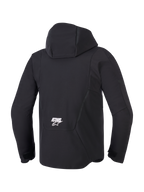 Alpinestars Aeroshell Wasserdichte Jacke, Herren-Softshell-Motorradjacke in Schwarz, Rückansicht mit Kapuze und weißem ASTARS-Logo.