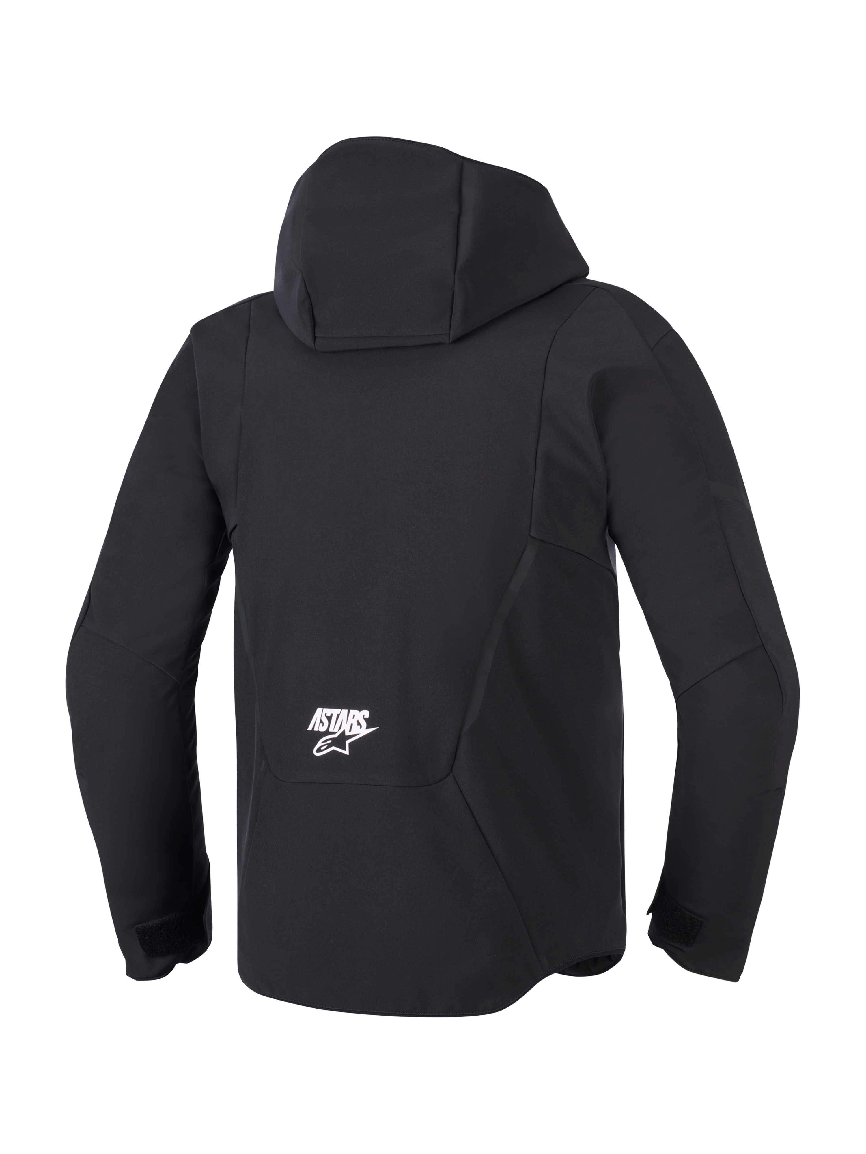 Alpinestars Aeroshell Wasserdichte Jacke, Herren-Softshell-Motorradjacke in Schwarz, Rückansicht mit Kapuze und weißem ASTARS-Logo.