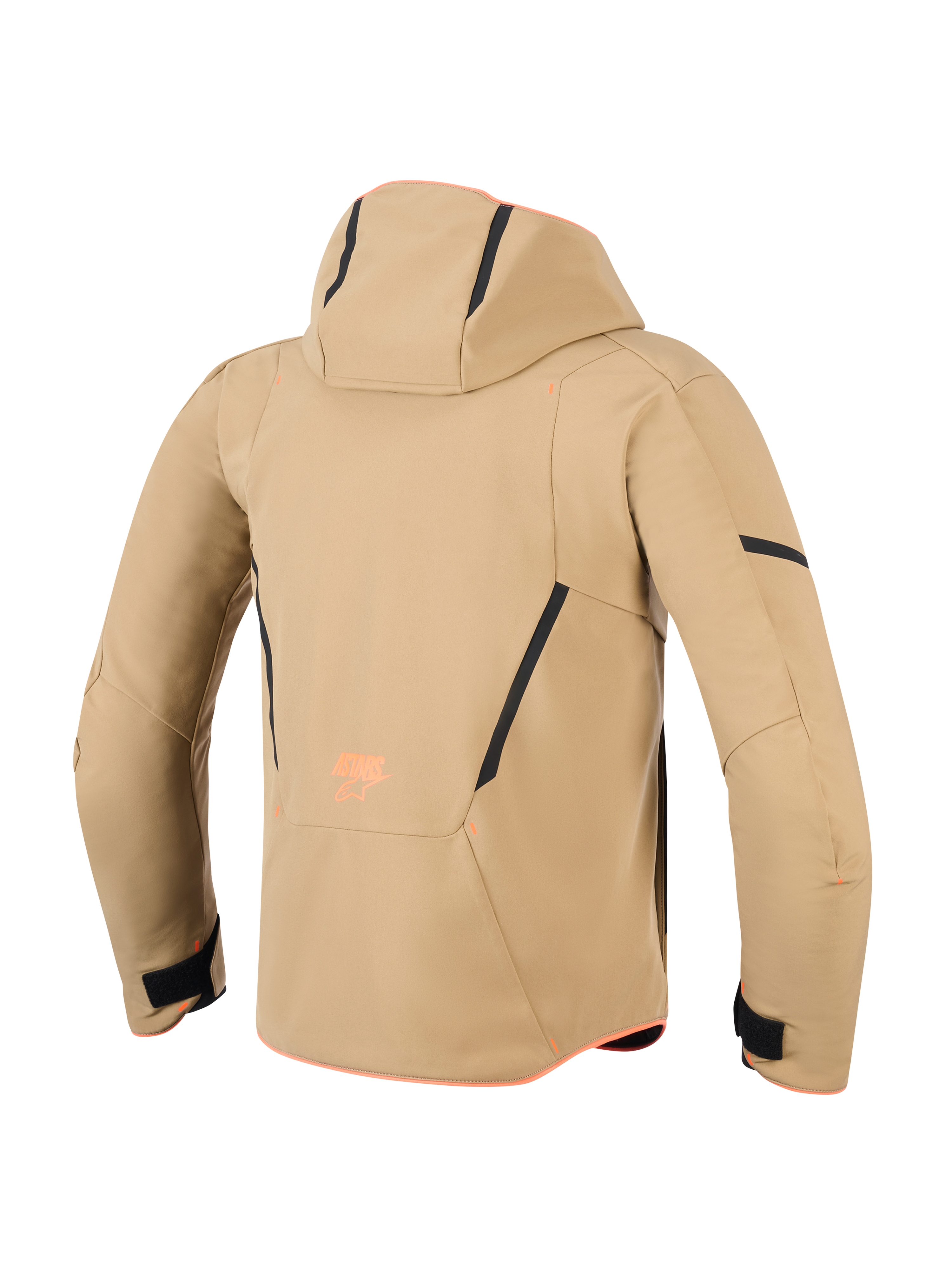 Alpinestars Aeroshell Waterproof Jacke, Rückansicht, Dunkles Khaki mit schwarzen und neon-orangenen Akzenten, mit Kapuze, schwarzen Kontrastlinien und orangefarbenem Branding, sportlicher Softshell-Motorrad-Hoodie