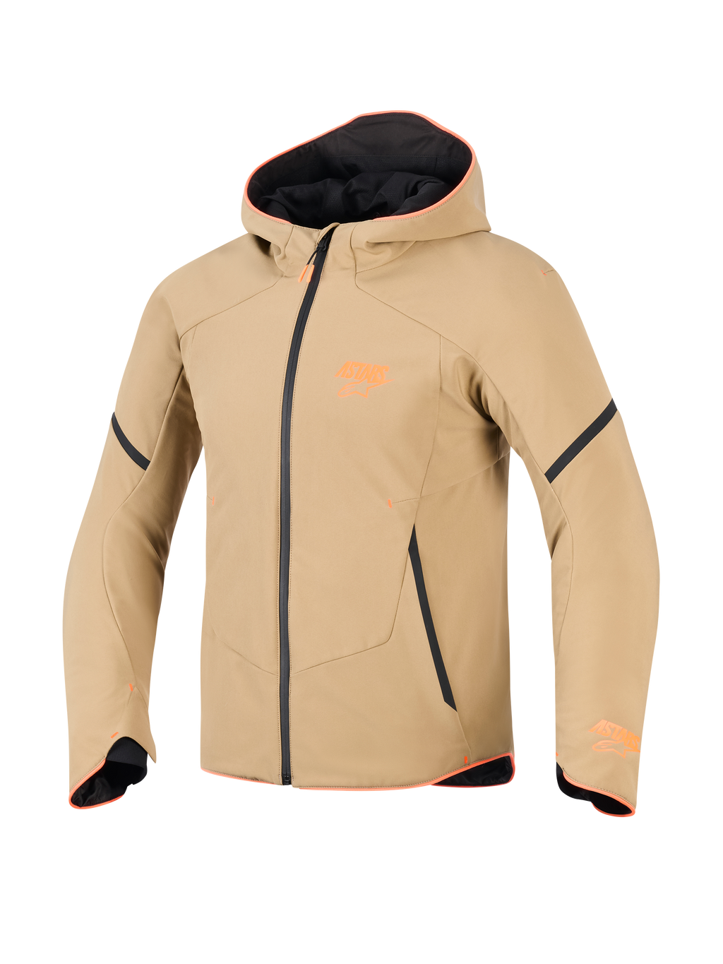 Alpinestars Aeroshell Wasserdichte Jacke, Dark Khaki mit schwarzen und neon-orangen Akzenten, sportlicher Softshell-Hoodie-Stil, technische Motorradbekleidung mit orangefarbenem Besatz und Brustlogo.