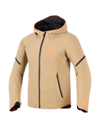Alpinestars Aeroshell Wasserdichte Jacke, Dark Khaki mit schwarzen und neon-orangen Akzenten, sportlicher Softshell-Hoodie-Stil, technische Motorradbekleidung mit orangefarbenem Besatz und Brustlogo.