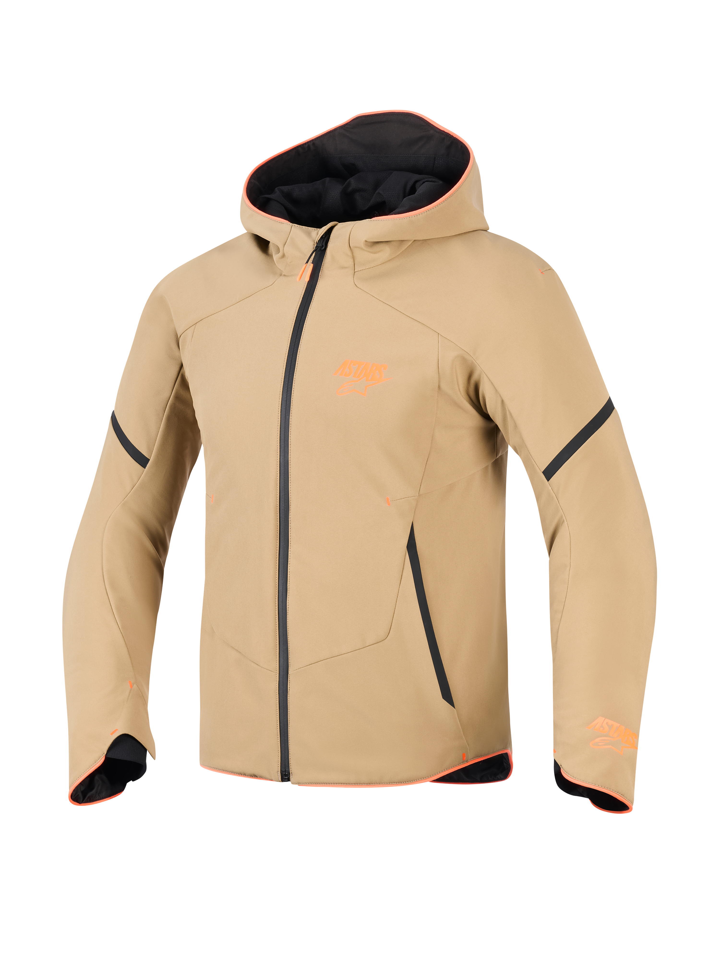 Alpinestars Aeroshell Wasserdichte Jacke, Dark Khaki mit schwarzen und neon-orangen Akzenten, sportlicher Softshell-Hoodie-Stil, technische Motorradbekleidung mit orangefarbenem Besatz und Brustlogo.