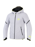 Alpinestars Aeroshell Waterproof Jacket, Mid Gray and Yellow Fluo, hooded sport softshell motorcycle jacket, featuring neon yellow ASTARS logos, black waterproof zipper, and modern athletic fit.