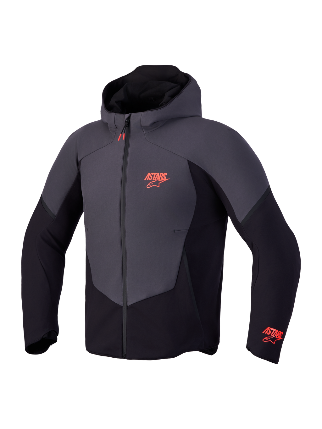 Alpinestars Aeroshell Waterproof Jacket, Men's Motorcycle Softshell Hoodie in Black and Dark Gray, featuring orange Astars chest and sleeve logos, waterproof front zipper, and fixed hood
