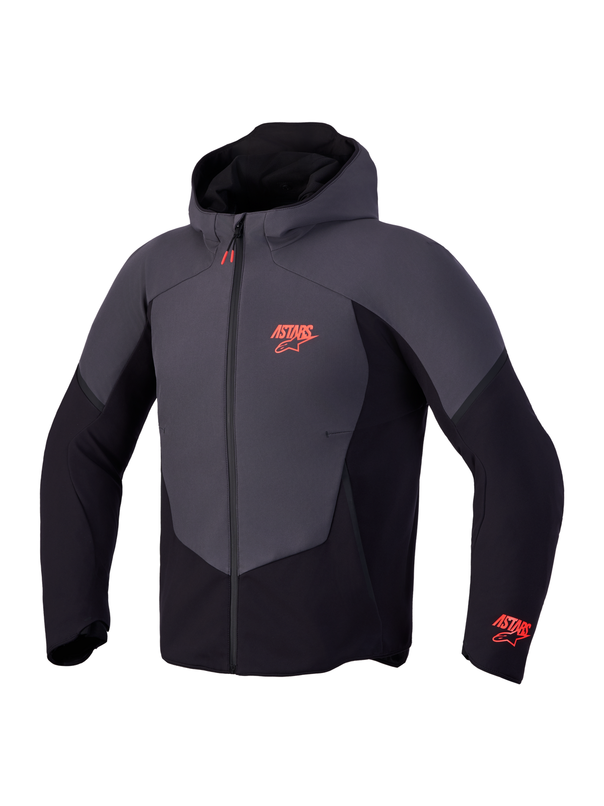 Alpinestars Aeroshell Waterproof Jacket, Men's Motorcycle Softshell Hoodie in Black and Dark Gray, featuring orange Astars chest and sleeve logos, waterproof front zipper, and fixed hood