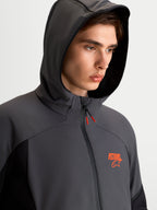 Alpinestars Aeroshell Waterproof Jacket, Men's motorcycle softshell hoodie in Black and Dark Gray, featuring an open-slot hood and waterproof front zipper