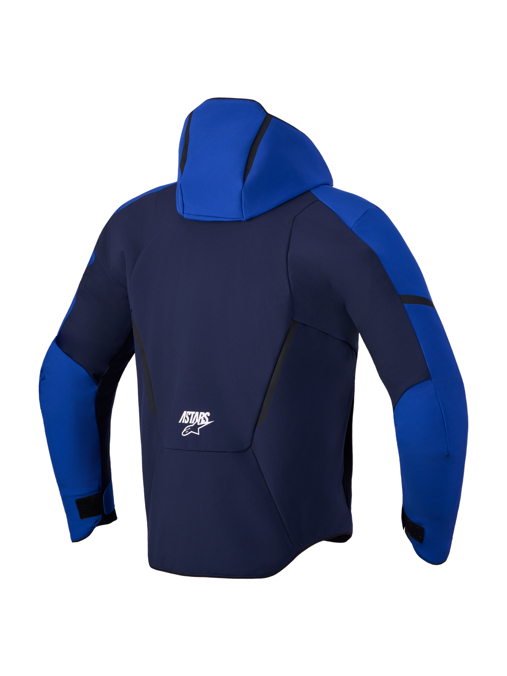 Alpinestars Aeroshell Waterproof Jacket, Men's Night Navy and Bright Blue motorcycle softshell jacket, rear view showing integrated hood and white Astars logo