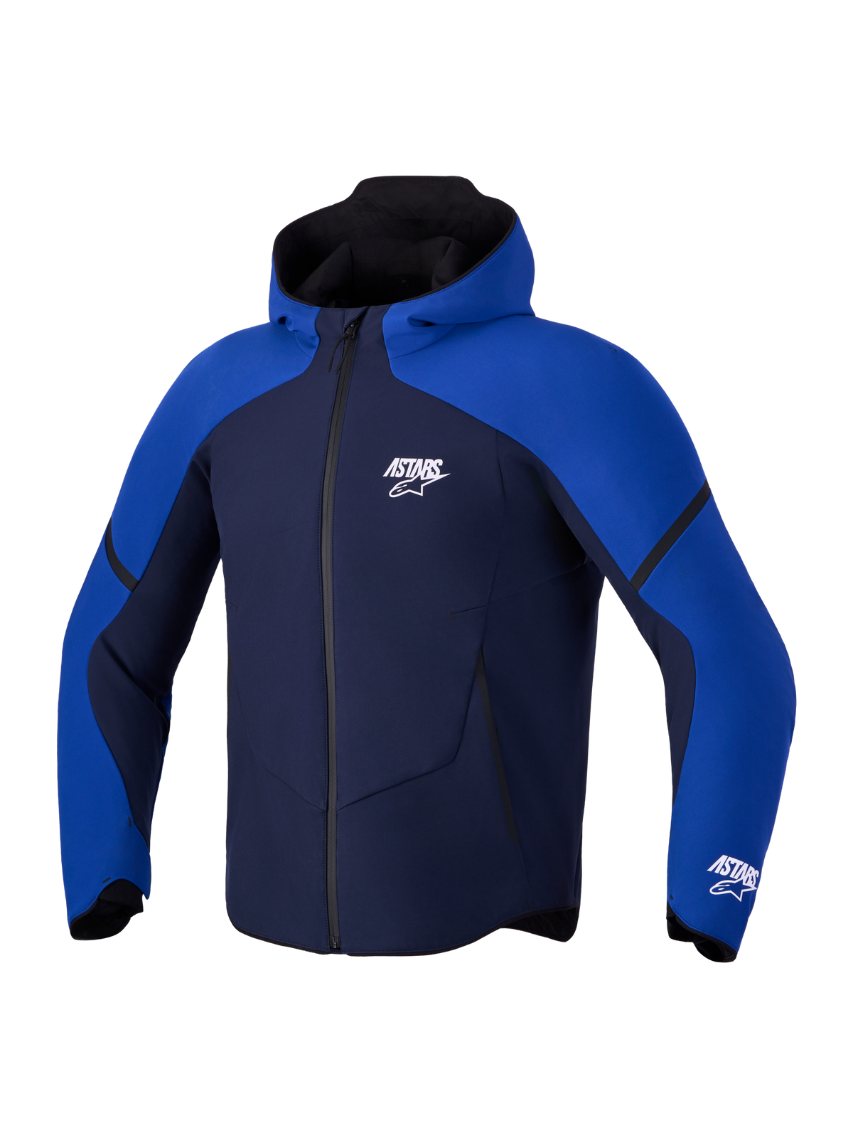 Alpinestars Aeroshell Waterproof Jacket, Men's Night Navy and Bright Blue motorcycle sports softshell jacket with integrated hood and white Astars logo