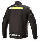 Alpinestars T-SP S Ignition Waterproof Jacket, Textile Motorcycle Jacket, Black and Yellow Fluo, rear view featuring a horizontal neon yellow stripe across the upper back, white alpinestars logo on the waist, and small yellow star logo on the collar