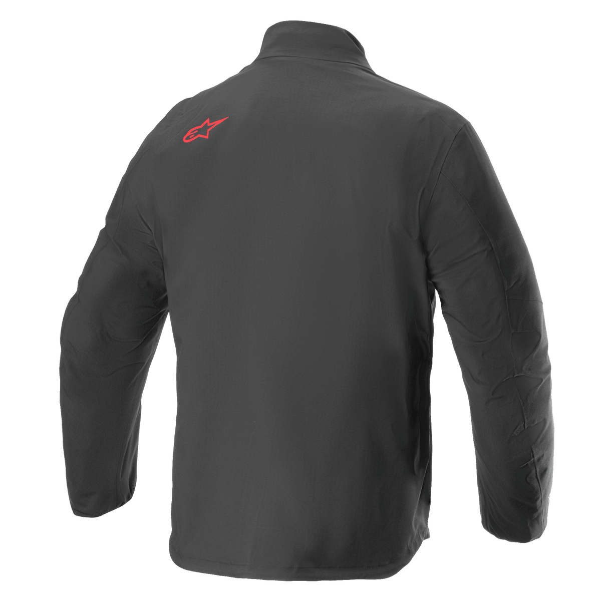 Alpinestars AMT Storm Gear Drystar® XF Jacke, wasserdichte Motorradjacke, Schwarz, Rückansicht mit rotem Alpinestars-Logo auf der oberen Schulter, strapazierfähige Ripstop-Textilkonstruktion mit verlängertem Rücken für erweiterte Abdeckung