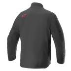 Alpinestars AMT Storm Gear Drystar® XF Jacke, wasserdichte Motorradjacke, Schwarz, Rückansicht mit rotem Alpinestars-Logo auf der oberen Schulter, strapazierfähige Ripstop-Textilkonstruktion mit verlängertem Rücken für erweiterte Abdeckung