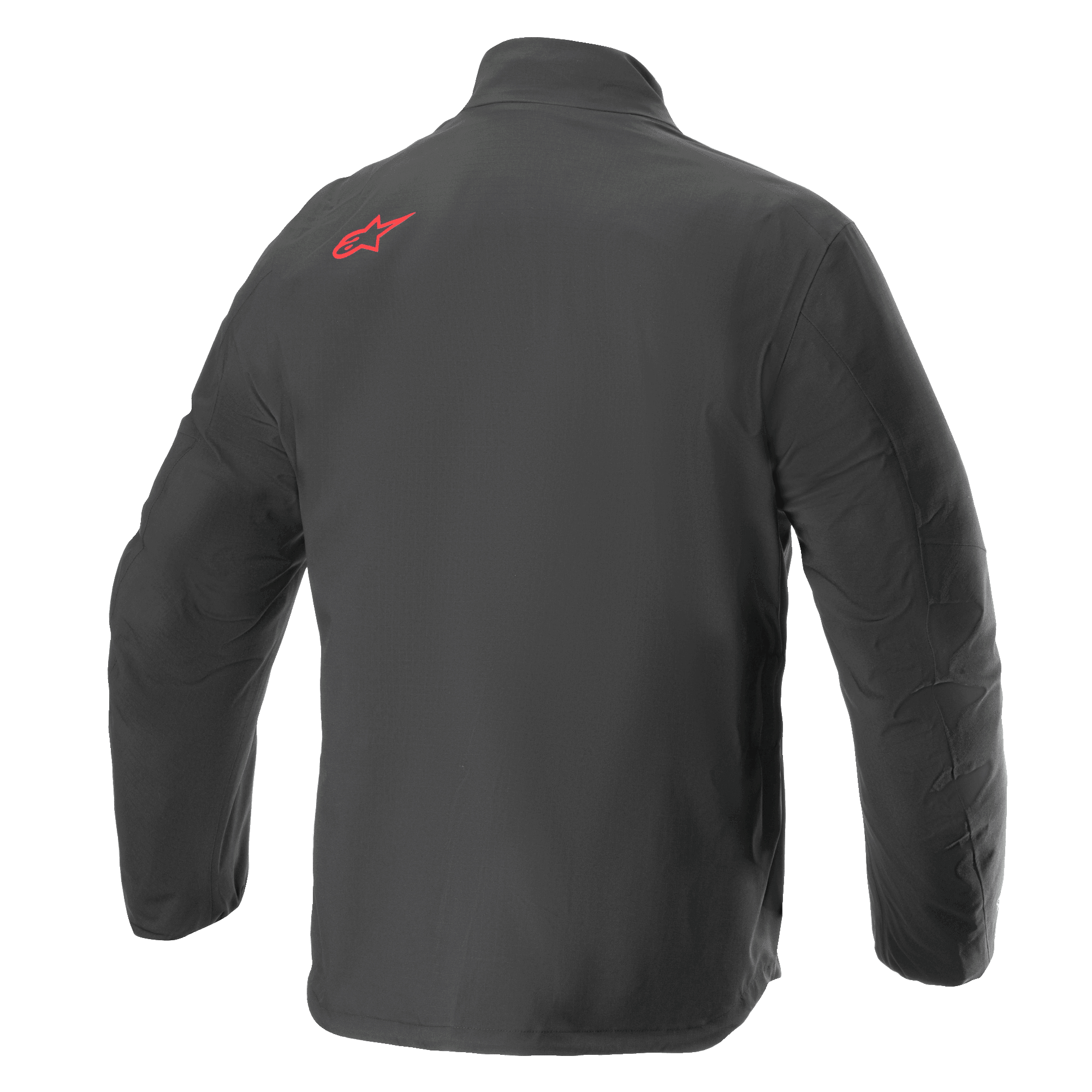Alpinestars AMT Storm Gear Drystar® XF Jacke, wasserdichte Motorradjacke, Schwarz, Rückansicht mit rotem Alpinestars-Logo auf der oberen Schulter, strapazierfähige Ripstop-Textilkonstruktion mit verlängertem Rücken für erweiterte Abdeckung