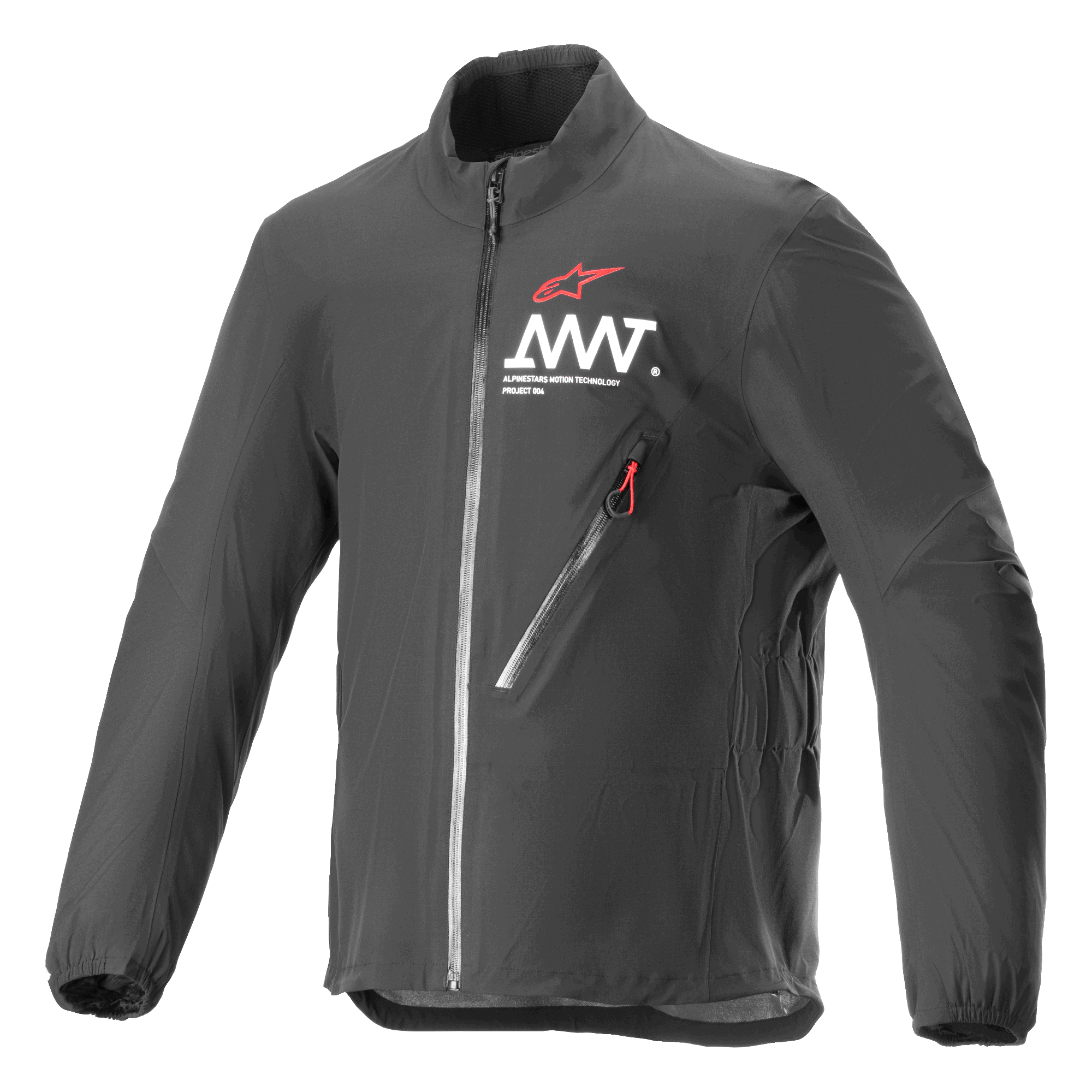 Alpinestars AMT Storm Gear Drystar XF Jacke, Schwarz, wasserdichte und atmungsaktive Motorradjacke, hoher Kragen, diagonale Brusttasche mit Reißverschluss und roter Zuglasche, weißes AMT-Logo auf der Brust