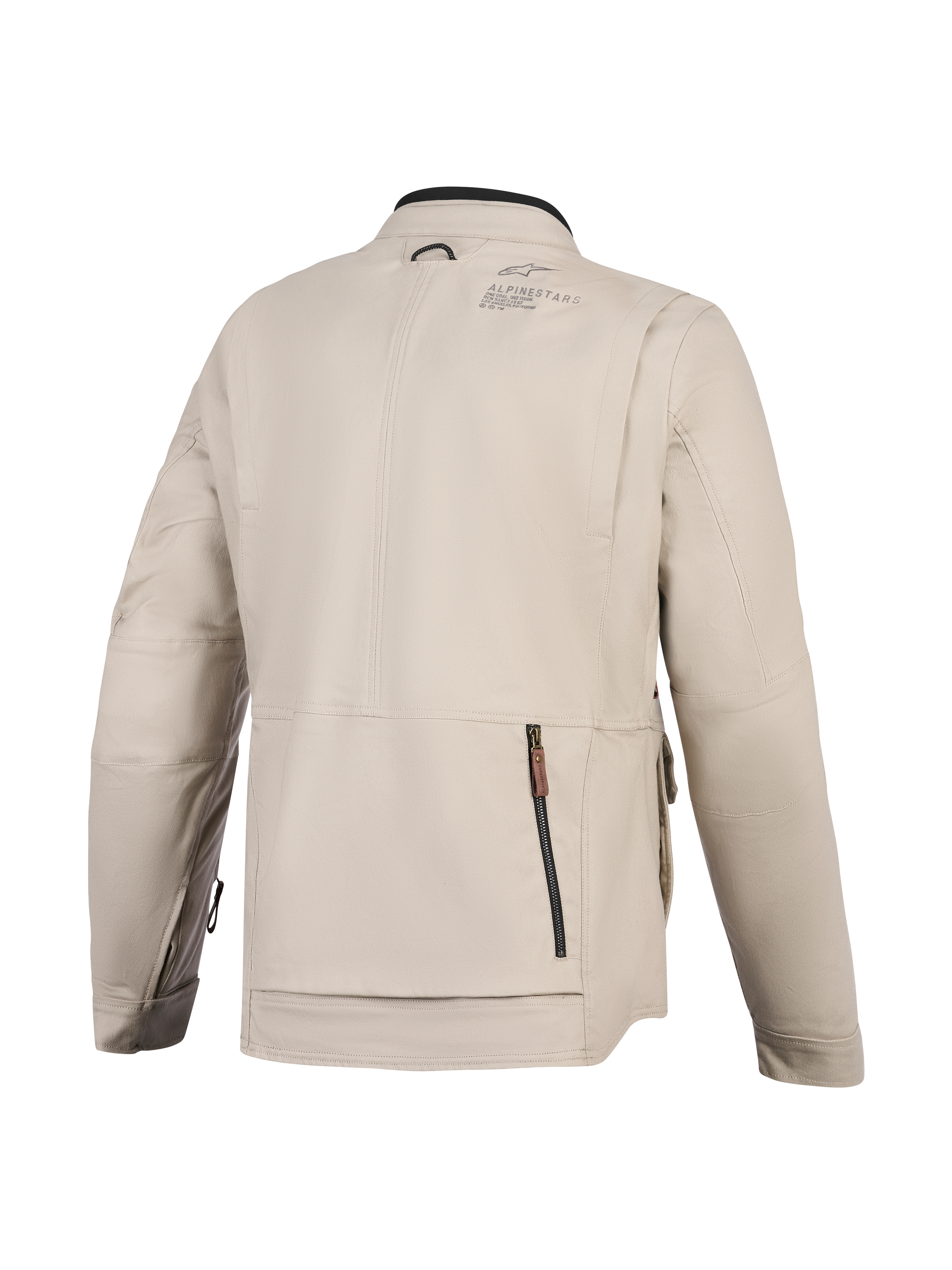 Alpinestars Borrego Drystar® Jacke, Motorradjacke, Warm Gray, Rückansicht mit einem großen rückseitigen Reißverschlussfach, strapazierfähige Textil-Canvas-Konstruktion mit Alpinestars-Branding auf der Schulter, abenteuerbereites Design