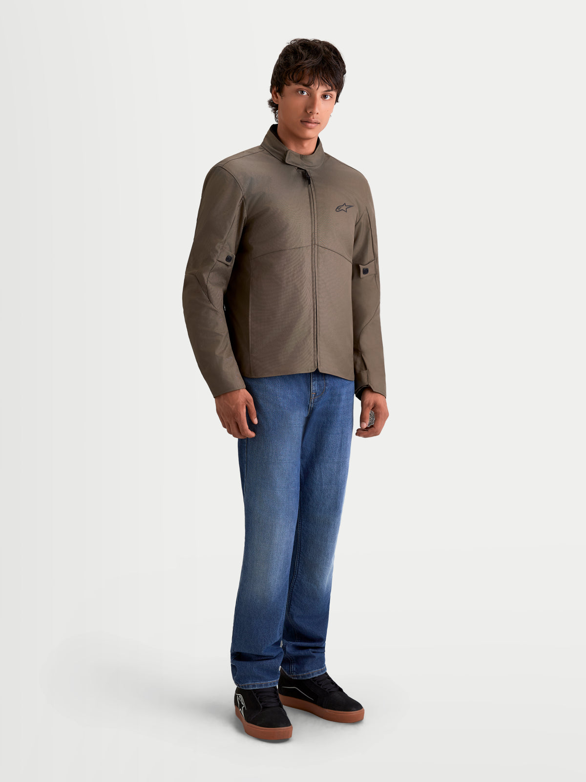 Alpinestars C-1 Waterproof Jacket, men's urban contemporary motorcycle textile jacket in walnut black, front view on a model wearing jeans, featuring 450D polyfabric construction and soft-finish collar
