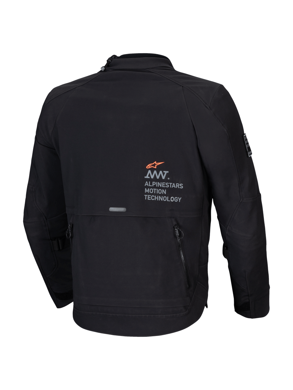 Alpinestars AMT-8 Stretch Drystar® XF Jacke, Herren Adventure-Touring Motorradjacke, Schwarz, Rückansicht mit AMT-Branding und Utility-Cargotasche