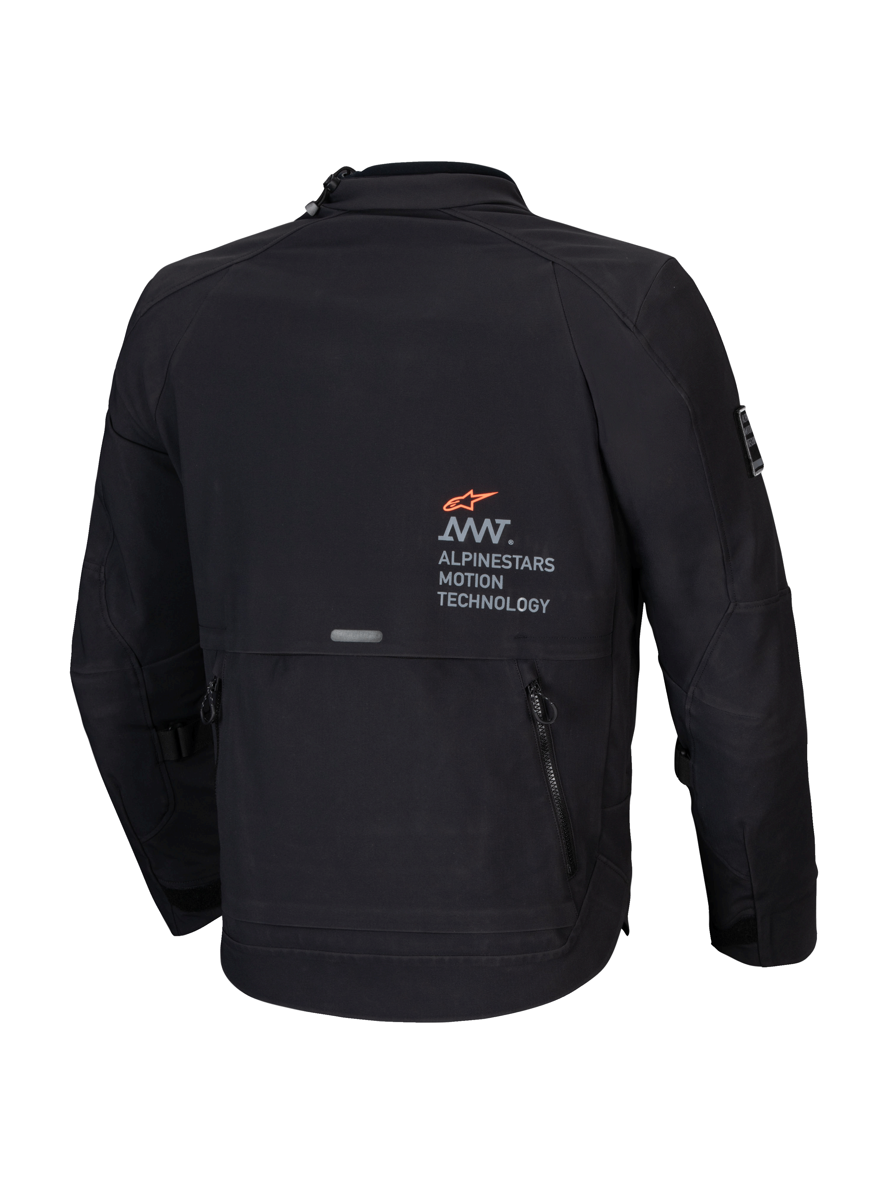 Alpinestars AMT-8 Stretch Drystar® XF Jacke, Herren Adventure-Touring Motorradjacke, Schwarz, Rückansicht mit AMT-Branding und Utility-Cargotasche