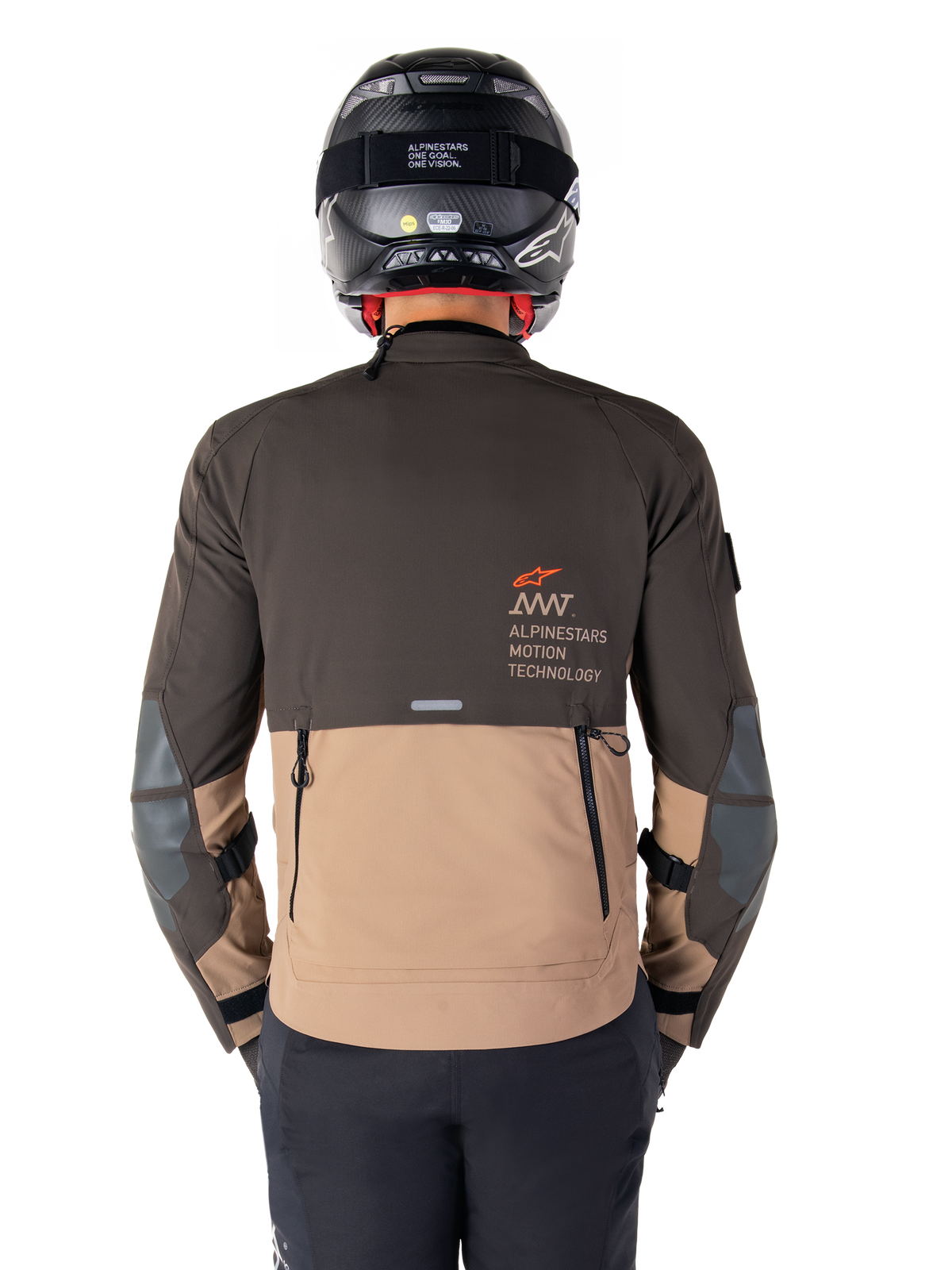 Alpinestars AMT-8 Stretch Drystar® XF Jacket, back view, Dark Brown and Dark Khaki two-tone design, featuring Alpinestars Motion Technology branding, zippered rear cargo pocket, and protective elbow panels, adventure touring motorcycle apparel
