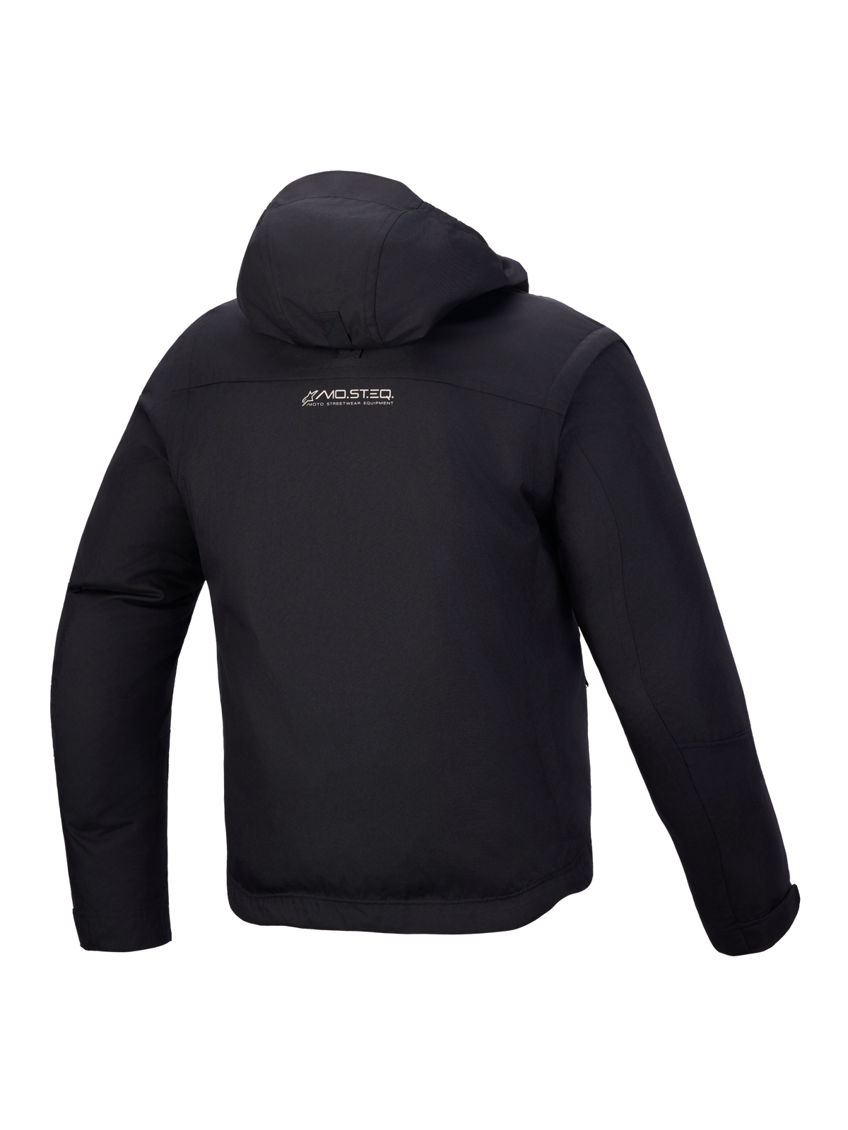 Alpinestars Morfex Parka Waterproof Jacket, urbane Motorradjacke für Herren, Rückansicht in Schwarz mit integrierter Kapuze.