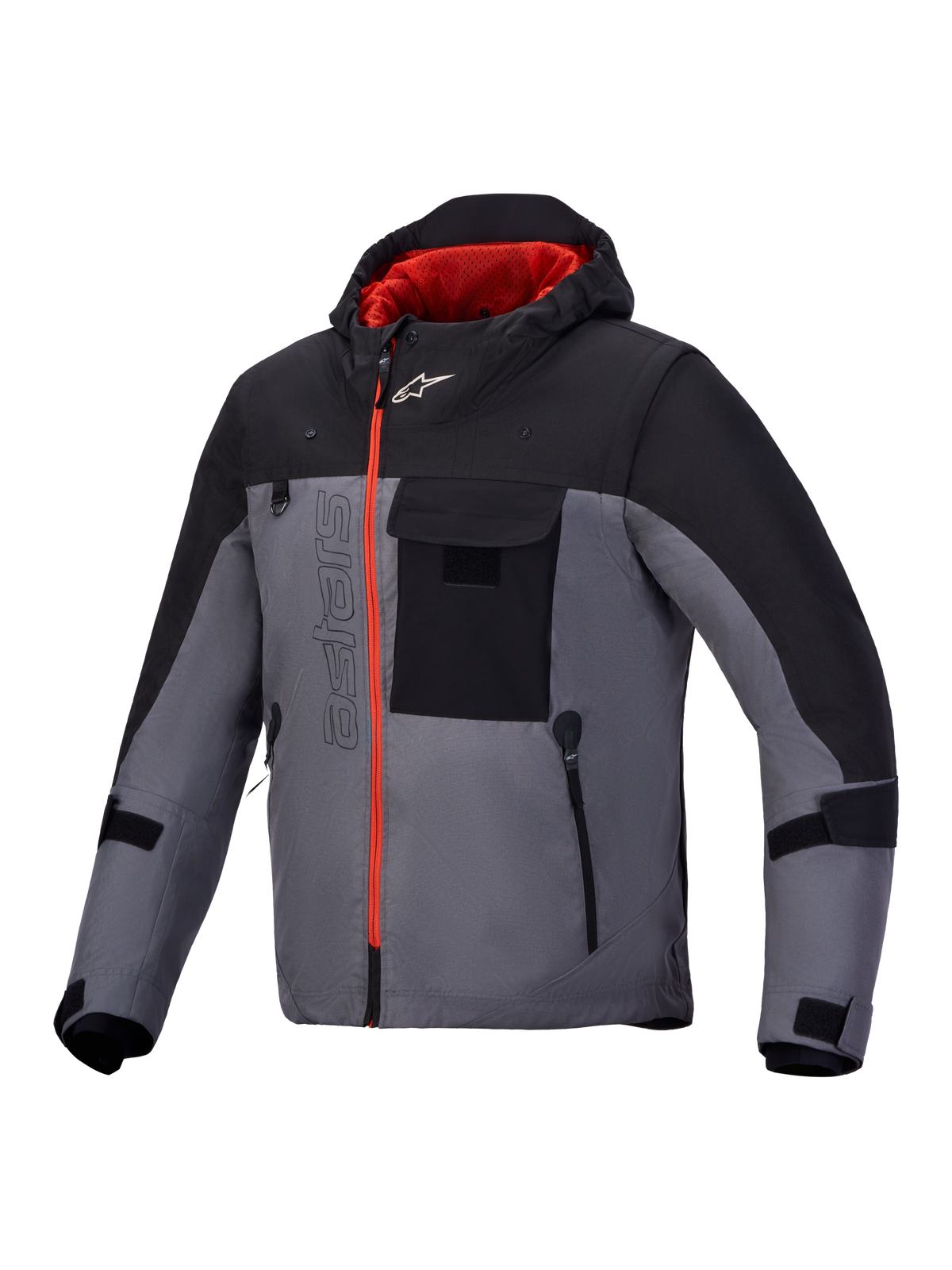 Alpinestars Morfex Parka Wp Jacke, urbane Motorradjacke mit integrierter Kapuze, Grau und Schwarz mit roten Akzenten und rotem Reißverschluss, wasserdicht