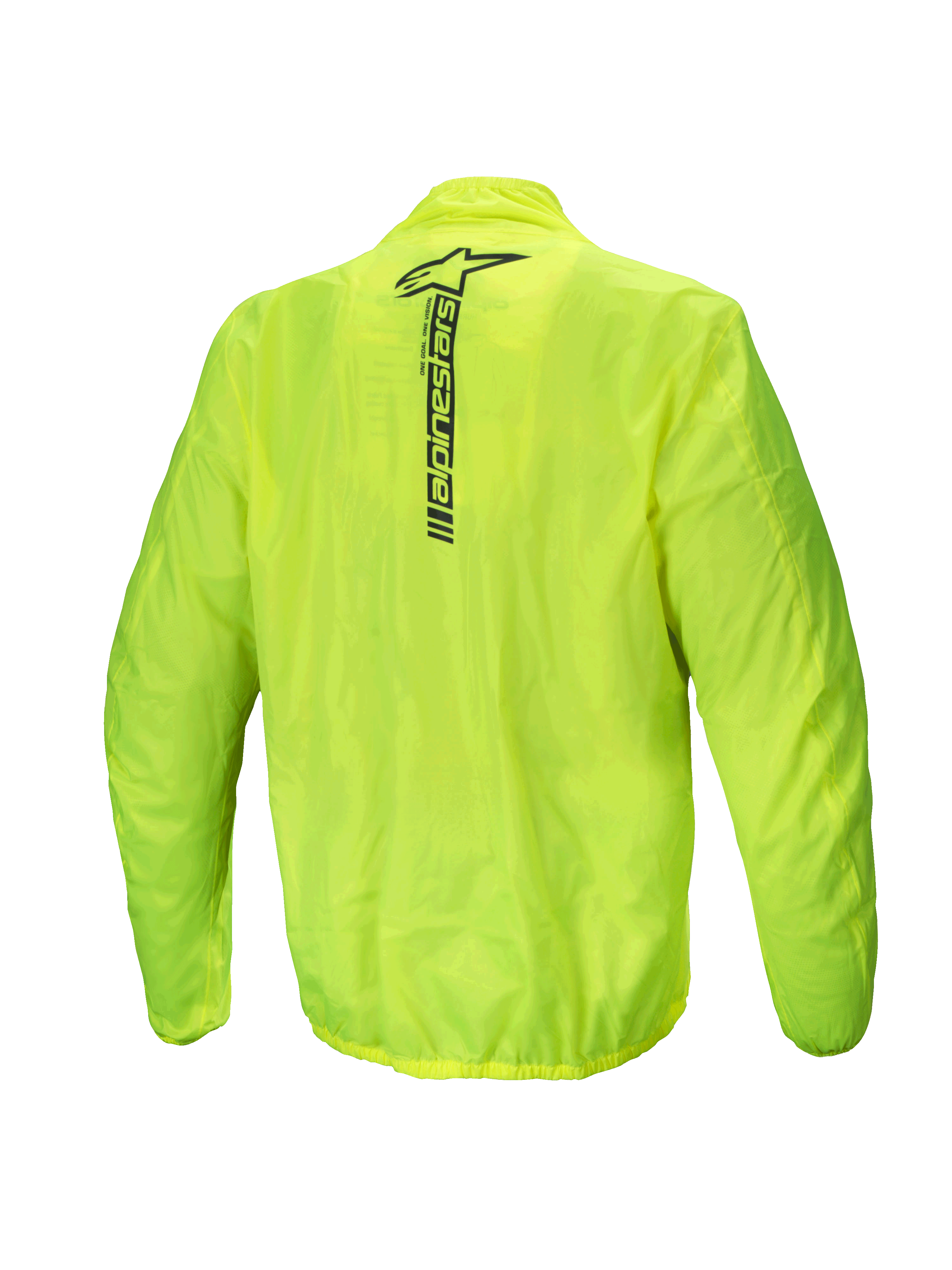 Alpinestars Hurricane Rain V2 Jacke, wasserdichte Motorrad-Regenjacke für Herren, Rückansicht, Gelb Fluo, mit reflectivem Alpinestars-Schriftzug am oberen Rücken