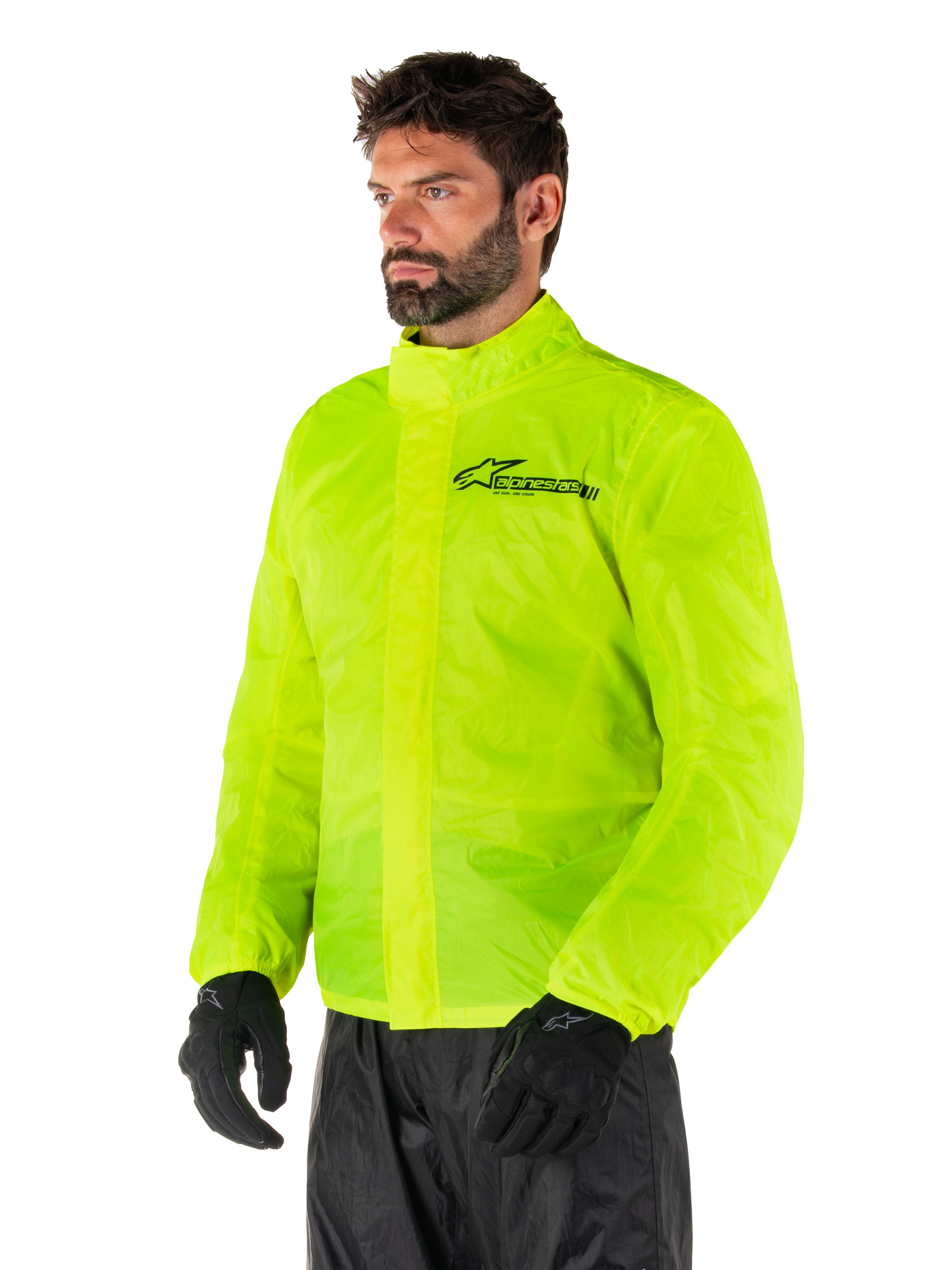 Alpinestars Hurricane Rain V2 Jacket, Yellow Fluo, high-visibility fluorescent yellow waterproof motorcycle rain jacket, front double flap closure, Alpinestars logo on the chest, lightweight and packable design for wet weather riding