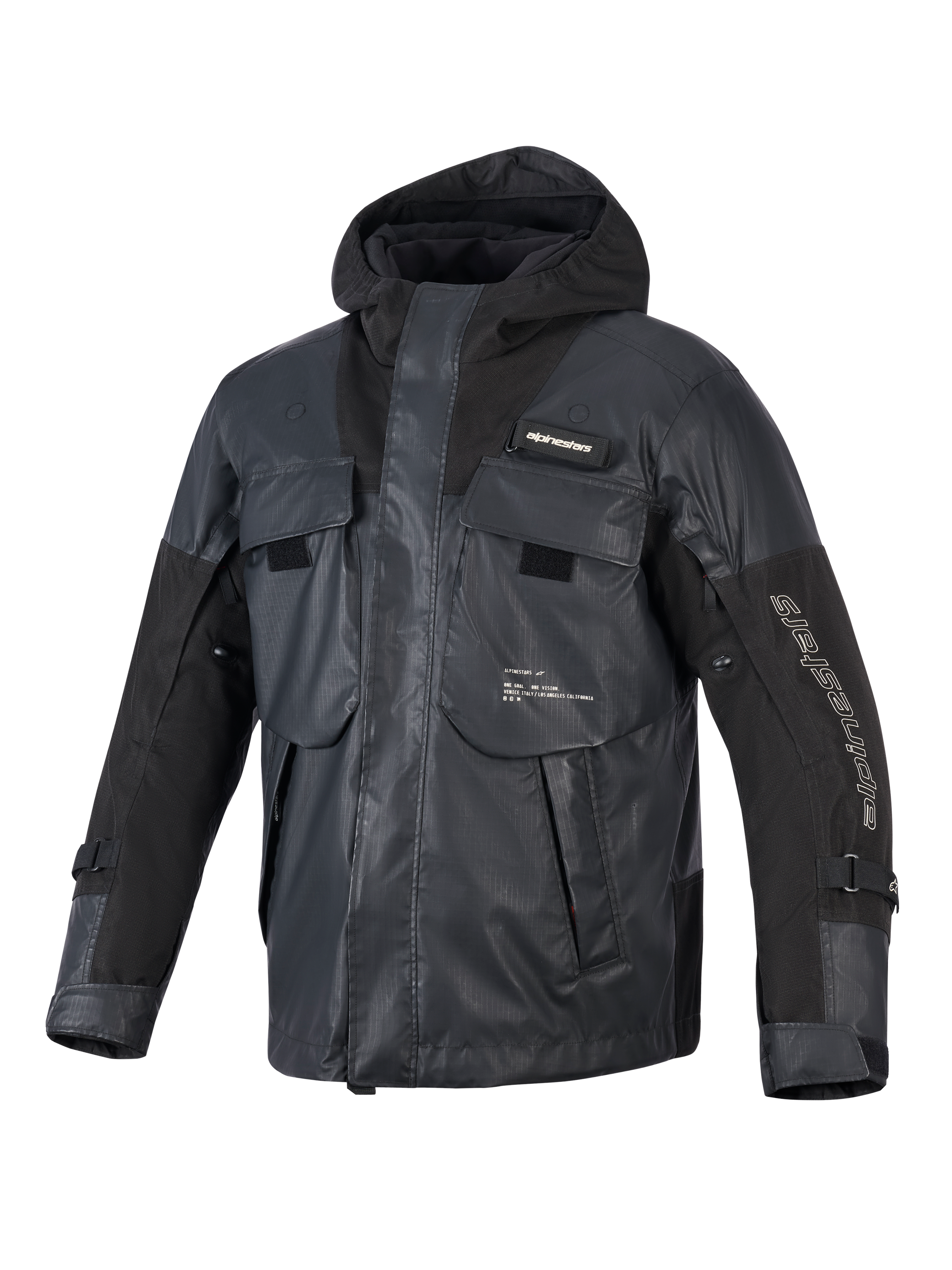 Alpinestars Mospher Waterproof Jacke, schwarzer Motorrad-Parka, taktisches Utility-Design mit mehreren großen Taschen, Ripstop-Textilkonstruktion, integrierte Kapuze, weißes Alpinestars-Branding am Ärmel und auf der Brust