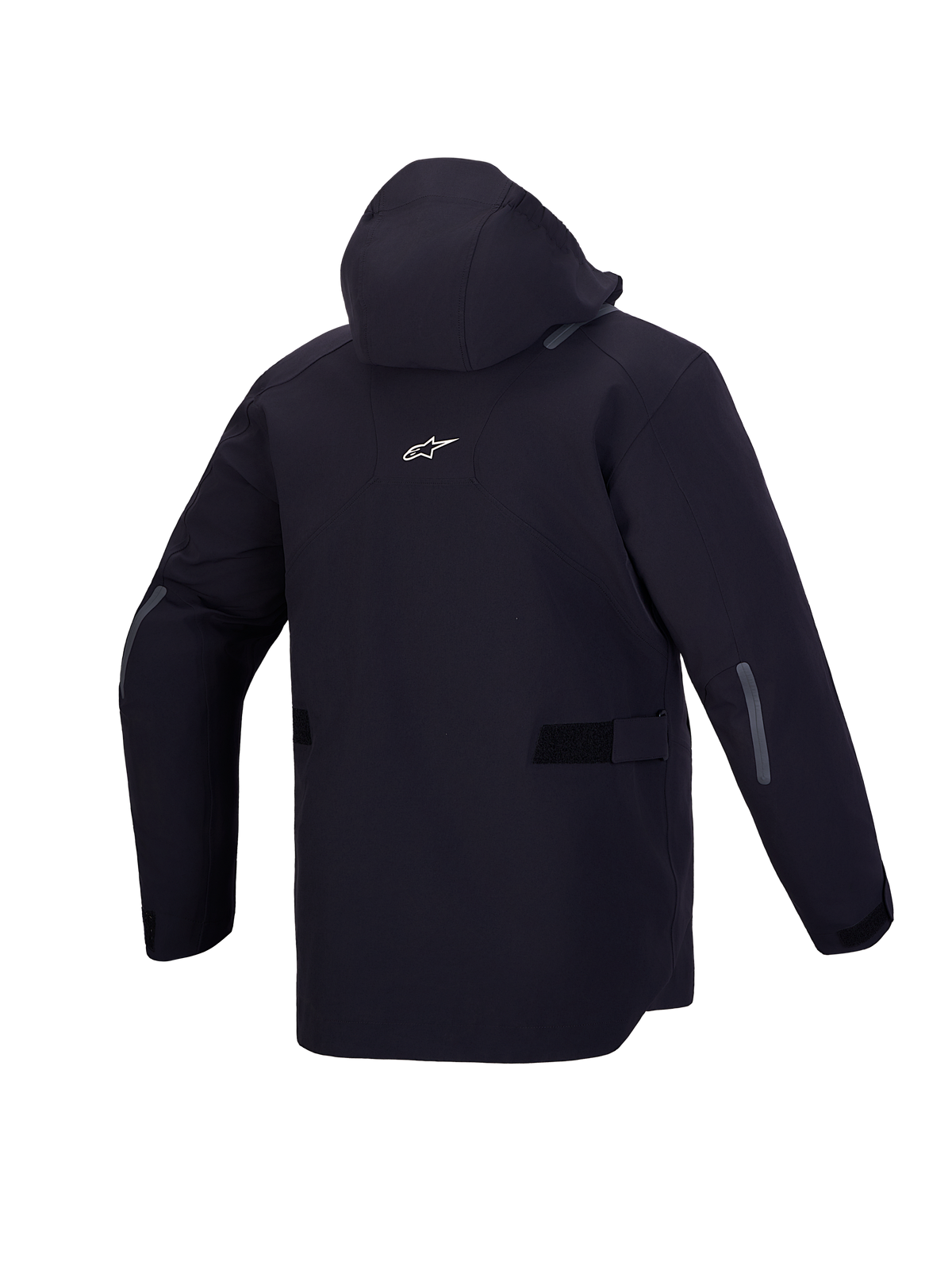 Alpinestars C 7 Drystar XF Jacke, urbane wasserdichte Motorradjacke, Rückansicht in Schwarz mit integrierter Kapuze und reflektierenden Details