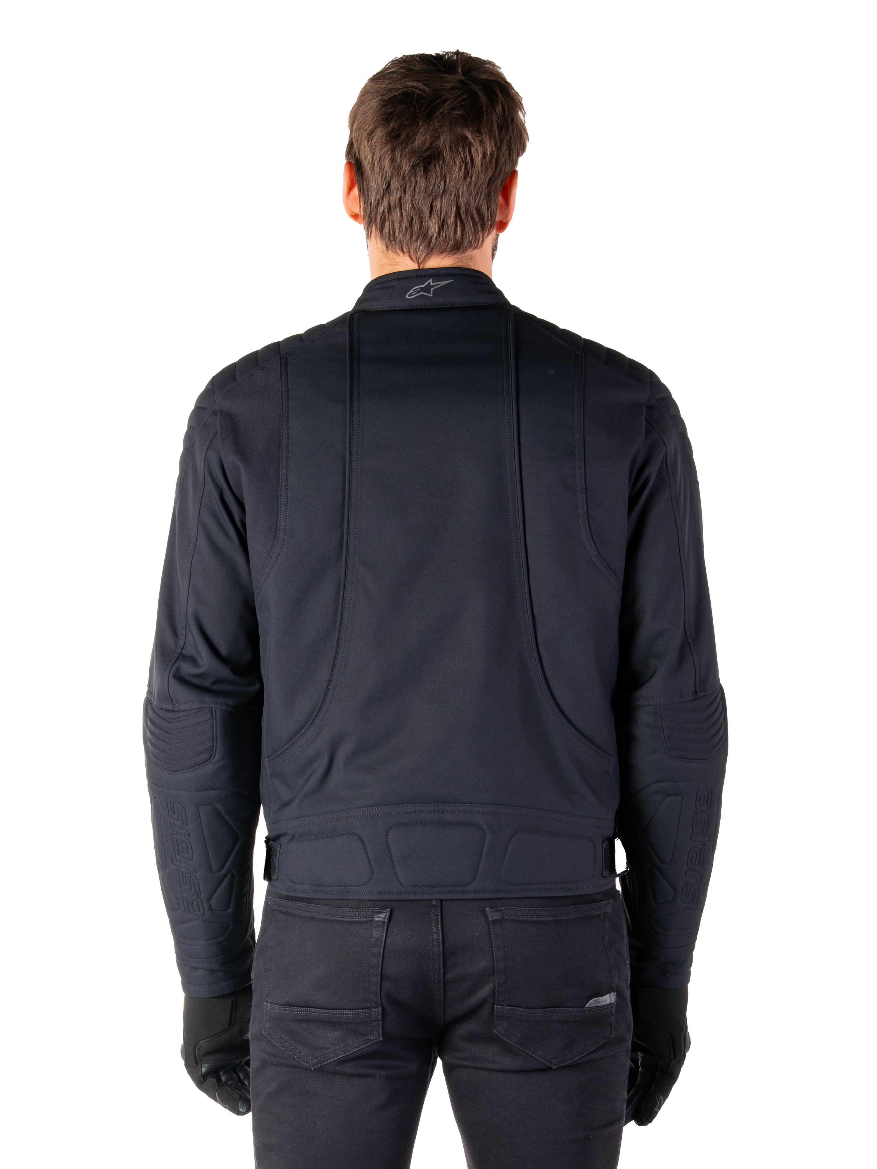 Alpinestars Clayton WR Jacket, Black, Rear view of a man wearing the water-repellent urban motorcycle jacket, featuring quilted reinforcement on shoulders and elbows, ergonomic lines, and a matte finish