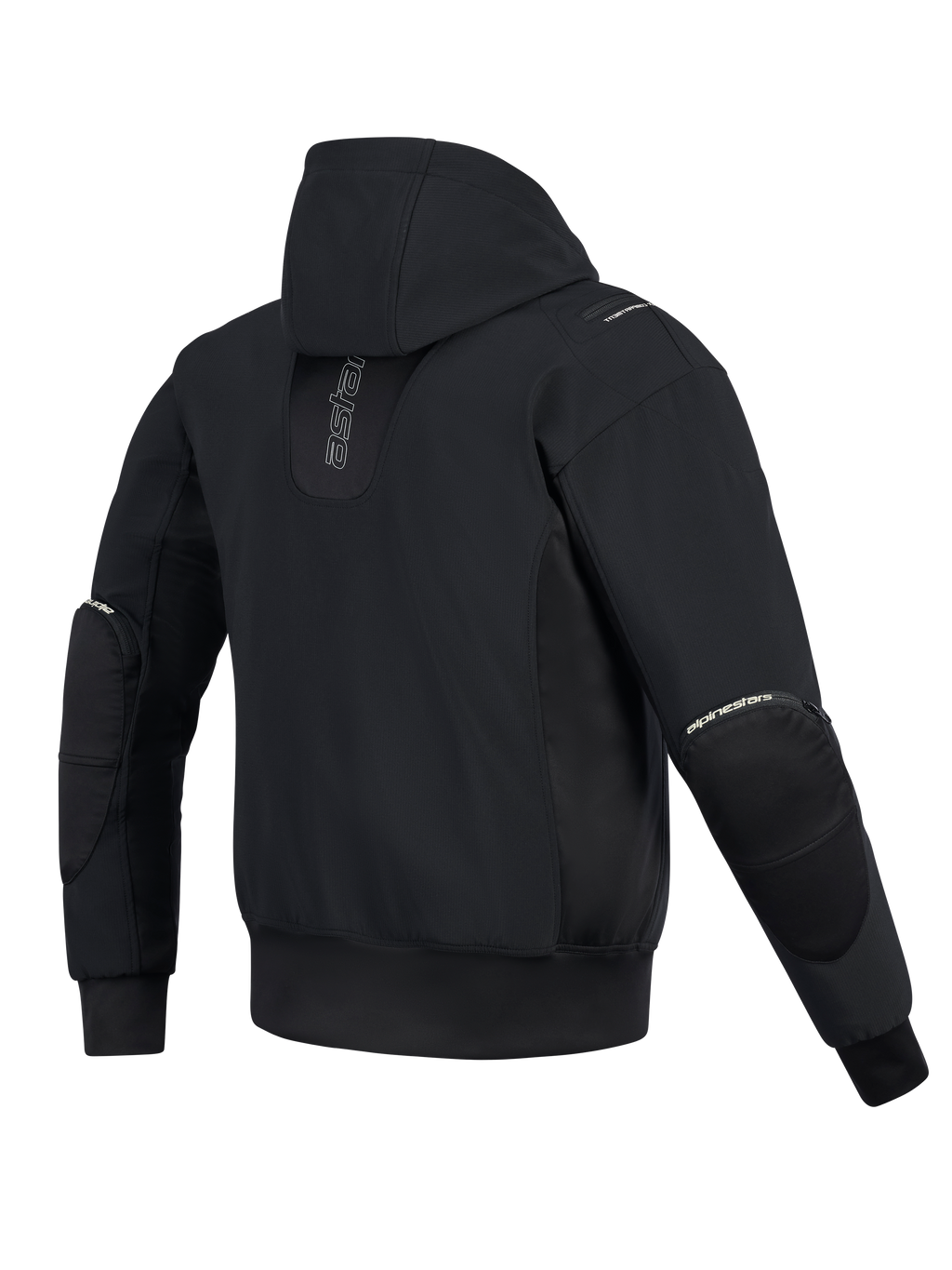Alpinestars Moblast Wasserdichte Jacke, Rückansicht, Schwarz, urbaner Motorrad-Hoodie mit vertikalem Branding auf dem Rücken, technische Softshell- und Ripstop-Konstruktion mit fester Kapuze und externen Reißverschlüssen für Ellbogenprotektoren