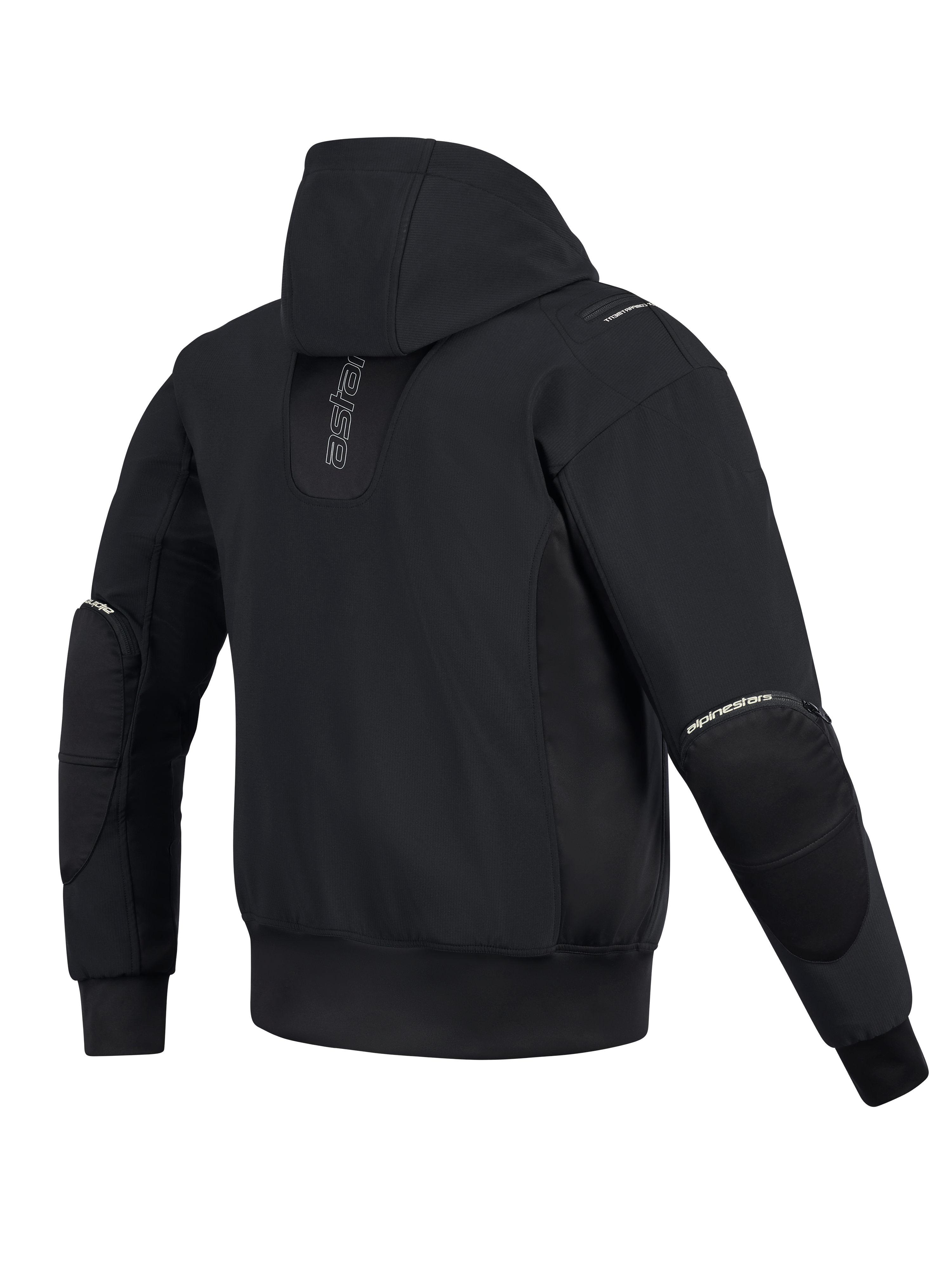 Alpinestars Moblast Wasserdichte Jacke, Rückansicht, Schwarz, urbaner Motorrad-Hoodie mit vertikalem Branding auf dem Rücken, technische Softshell- und Ripstop-Konstruktion mit fester Kapuze und externen Reißverschlüssen für Ellbogenprotektoren