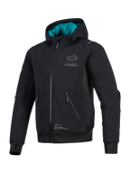 Alpinestars Moblast Wasserdichte Jacke, Schwarz mit petrolfarbenem Kapuzenfutter, technische Softshell-Motorradjacke mit 3D-Reißverschlusstaschen, integrierten Daumenlöchern und Alpinestars-Branding auf der Brust, urbane Motorradbekleidung