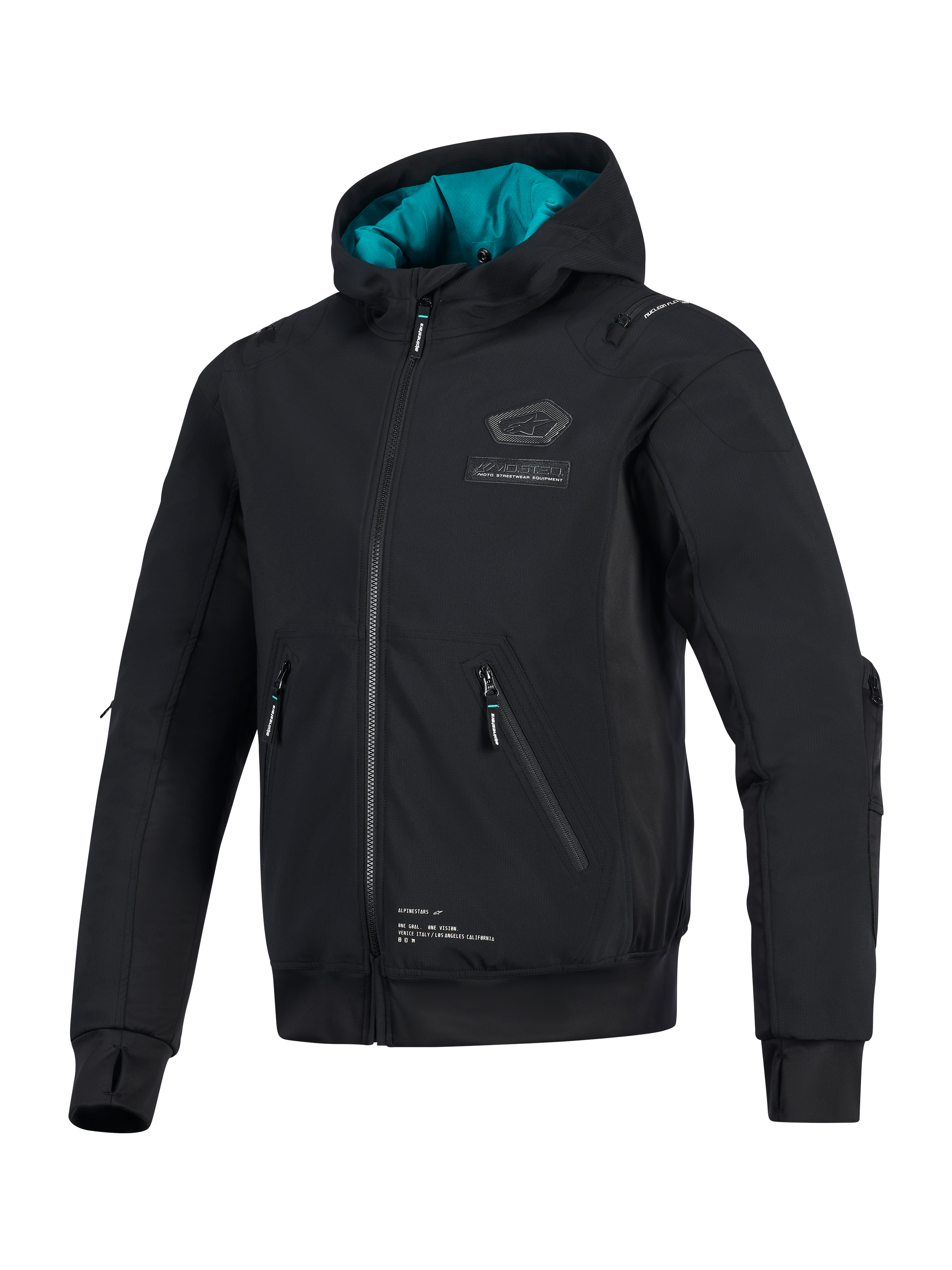 Alpinestars Moblast Wasserdichte Jacke, Schwarz mit petrolfarbenem Kapuzenfutter, technische Softshell-Motorradjacke mit 3D-Reißverschlusstaschen, integrierten Daumenlöchern und Alpinestars-Branding auf der Brust, urbane Motorradbekleidung
