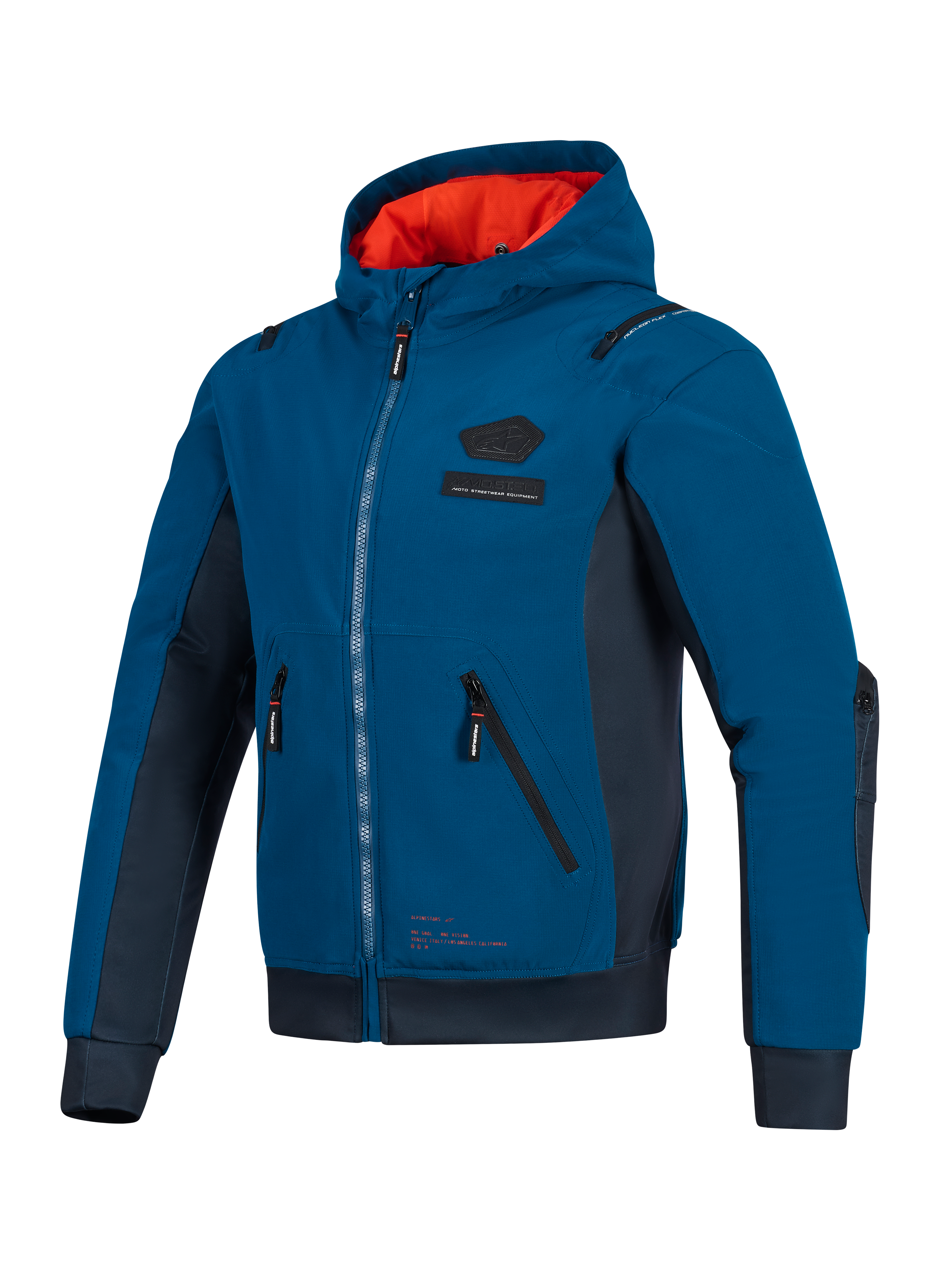 Alpinestars Moblast Waterproof Jacket, Dark Petrol and Dark Navy blue, urban motorcycle hoodie featuring a bright orange hood lining, technical 3D pockets, and softshell ripstop construction for all-season commuting