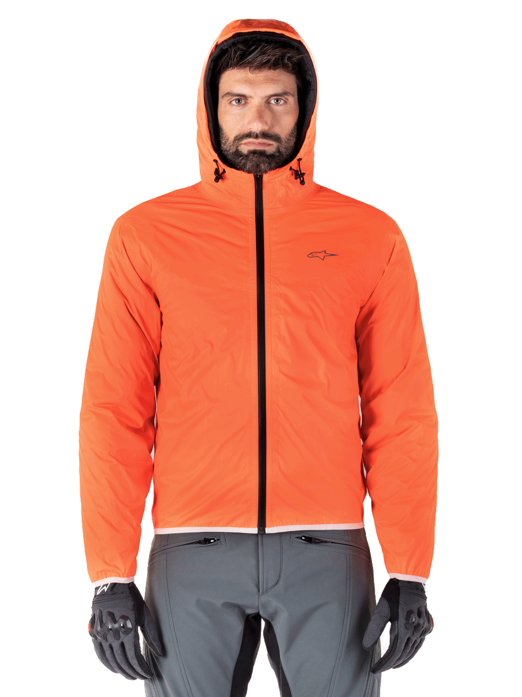 Alpinestars Mohobbs Waterproof Jacket, Motorcycle Padded Bomber Jacket, Black and Orange Fluo, quilted design with stormproof hood, urban streetwear inspired riding gear