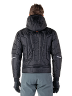 Alpinestars Mohobbs Waterproof Jacket, Black, rear view showing quilted padded construction, vertical 'astars' wordmark on the back, hood up, contemporary moto streetwear style