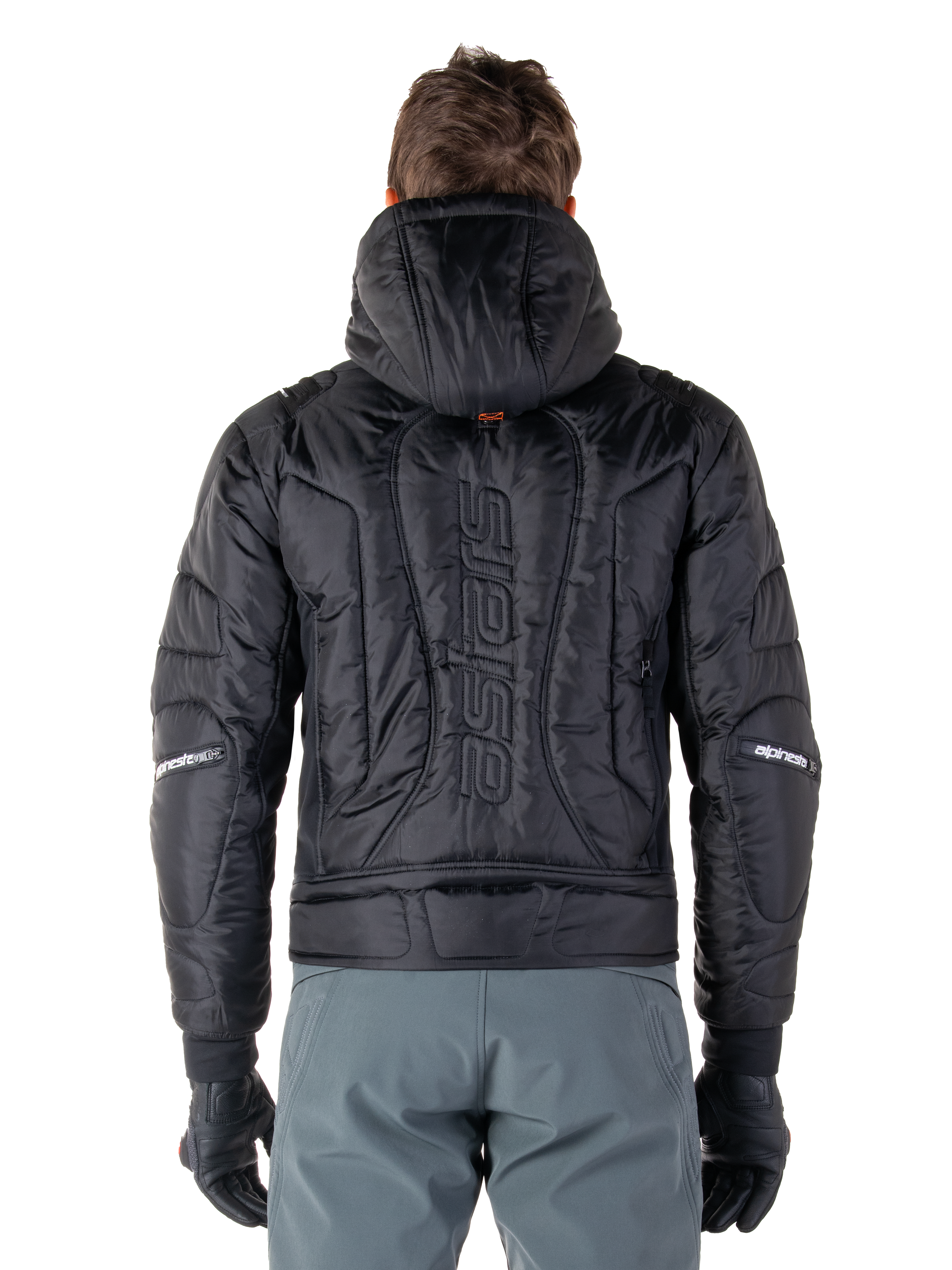 Alpinestars Mohobbs Waterproof Jacket, Black, rear view showing quilted padded construction, vertical 'astars' wordmark on the back, hood up, contemporary moto streetwear style