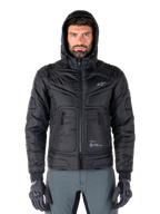 Alpinestars Mohobbs Waterproof Jacket, black quilted motorcycle bomber jacket, hooded design with white star logo on chest, front zip closure, urban streetwear style for riders