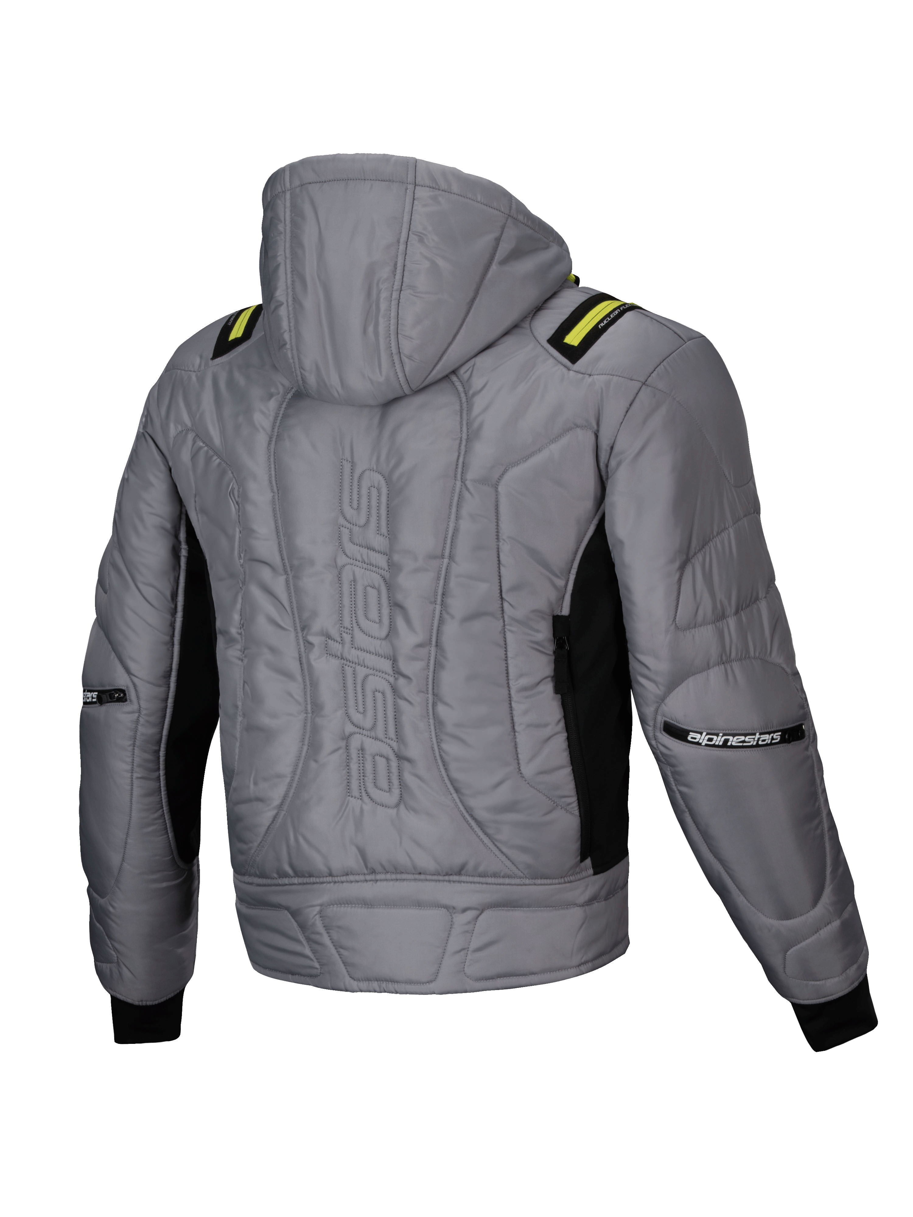 Alpinestars Mohobbs Wasserdicht Jacke, urbane Motorrad-Bomberjacke mit Kapuze, Herren, Lunar Grau und Limettenpunsch, gesteppte Polsterung und Astars-Schriftzug auf dem Rücken