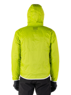 Alpinestars Mohobbs Waterproof Jacket, Lime Punch packable raincover, bright lime green hooded jacket, back view, worn with black pants and gloves, waterproof moto streetwear
