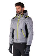 Alpinestars Mohobbs Waterproof Jacket, Lunar Gray Lime Punch, men's quilted bomber motorcycle jacket with neon yellow zippers and drawstring accents, worn with black riding pants and gloves, modern urban moto streetwear design with a hooded profile