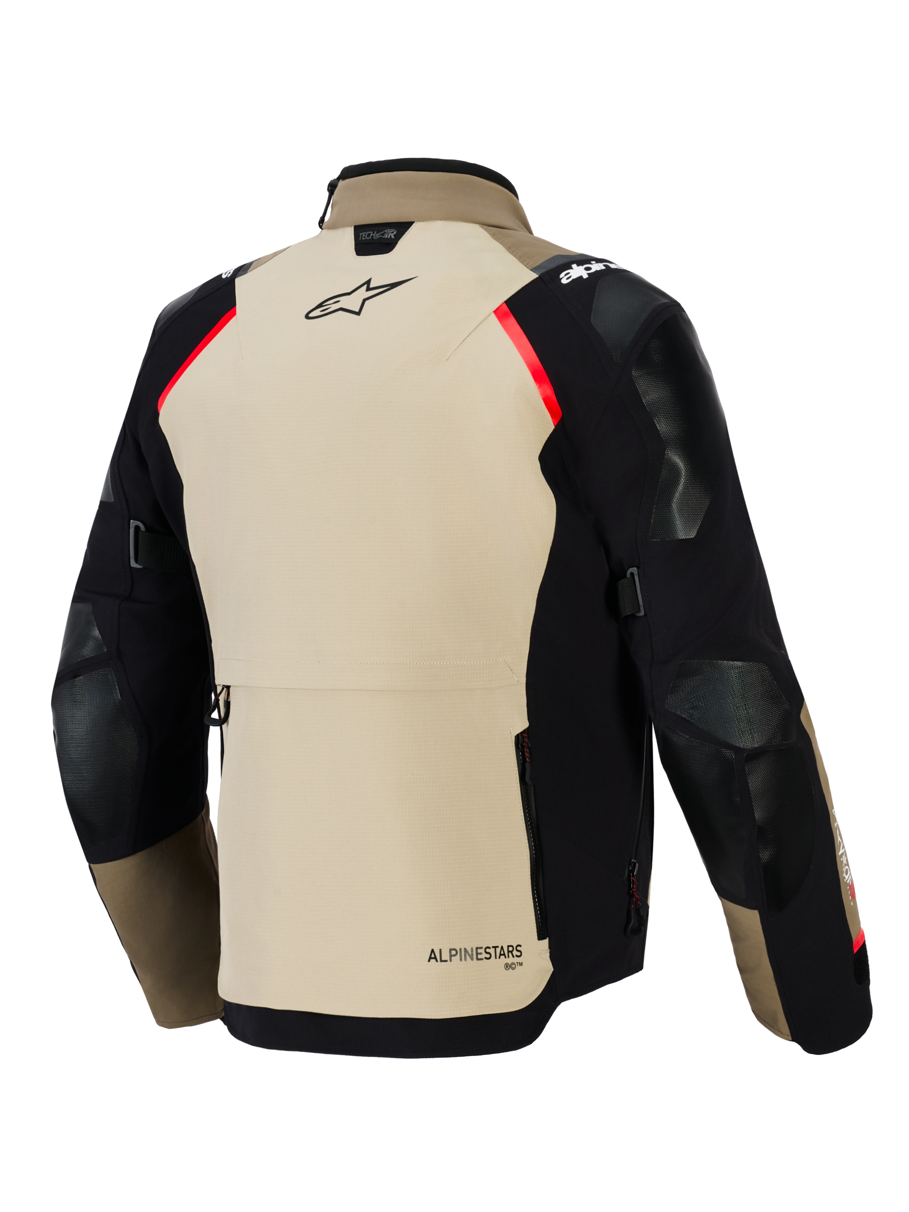 Alpinestars Andes Pro Drystar® XF Jacket, Rear view, Walnut and black with red accents, features reinforced panels on shoulders and elbows, large back storage pocket, and Alpinestars branding, adventure touring motorcycle gear