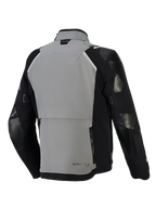 Alpinestars Andes Pro Drystar® XF Jacket, Adventure Motorcycle Jacket, Dark Gray and Black, back view featuring a large rear storage compartment with zippers, adjustable sleeve straps, and Tech-Air branding on the collar, durable textile shell design