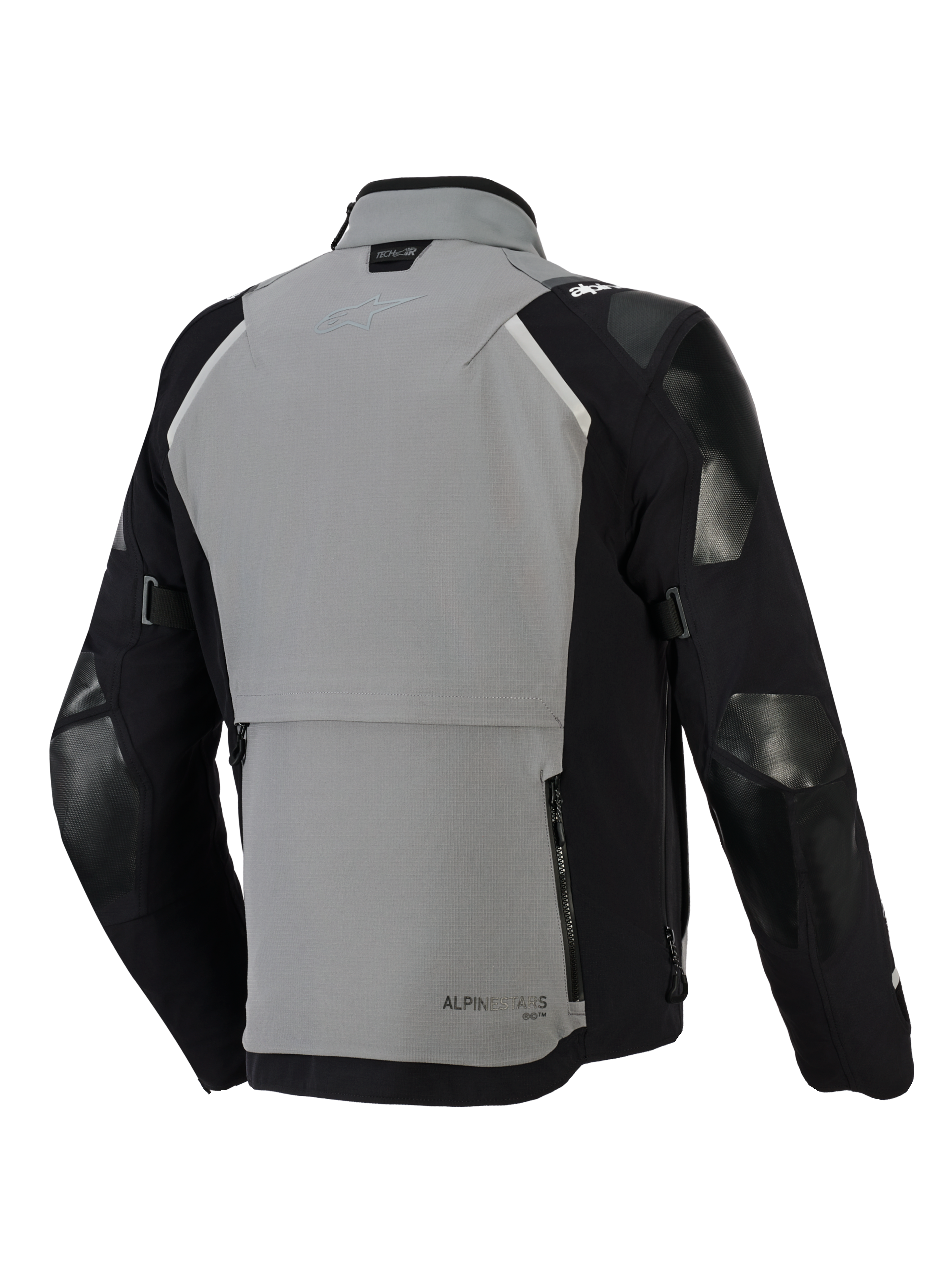 Alpinestars Andes Pro Drystar® XF Jacket, Adventure Motorcycle Jacket, Dark Gray and Black, back view featuring a large rear storage compartment with zippers, adjustable sleeve straps, and Tech-Air branding on the collar, durable textile shell design