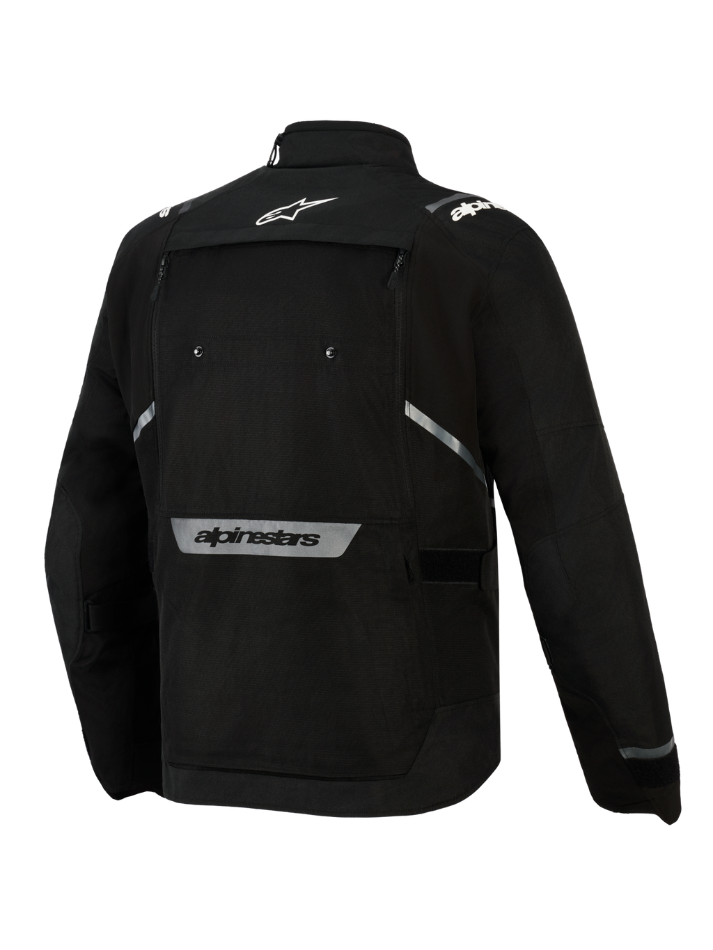 Alpinestars Cusco Drystar® Jacke, Schwarz, Rückansicht, mit weißem Stern-Logo auf dem oberen Rücken, reflektierendem Alpinestars-Schriftzug auf dem unteren Rücken, großem Belüftungspanel mit Reißverschluss und strapazierfähiger Textilkonstruktion für Adventure-Touring