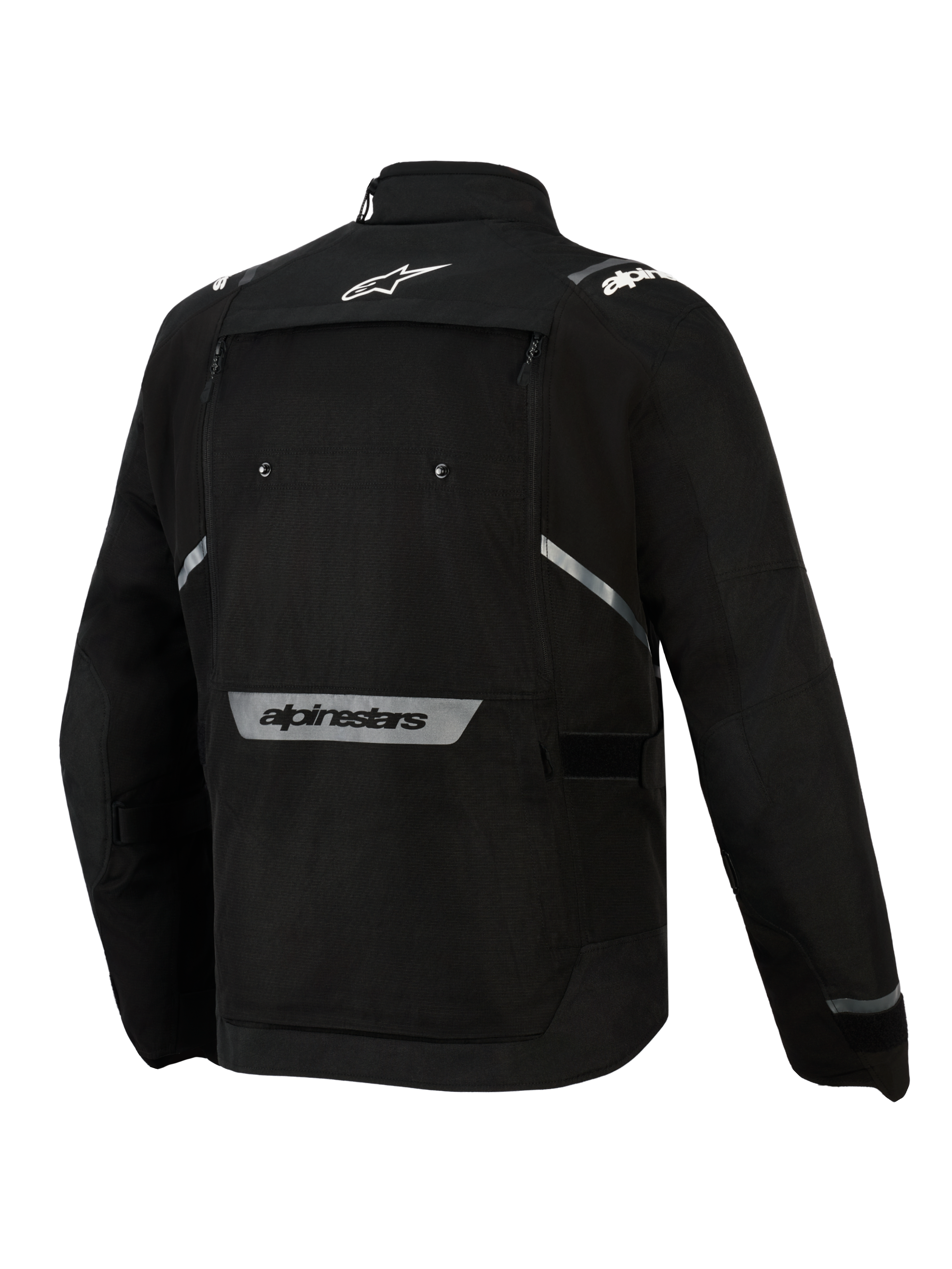 Alpinestars Cusco Drystar® Jacke, Schwarz, Rückansicht, mit weißem Stern-Logo auf dem oberen Rücken, reflektierendem Alpinestars-Schriftzug auf dem unteren Rücken, großem Belüftungspanel mit Reißverschluss und strapazierfähiger Textilkonstruktion für Adventure-Touring