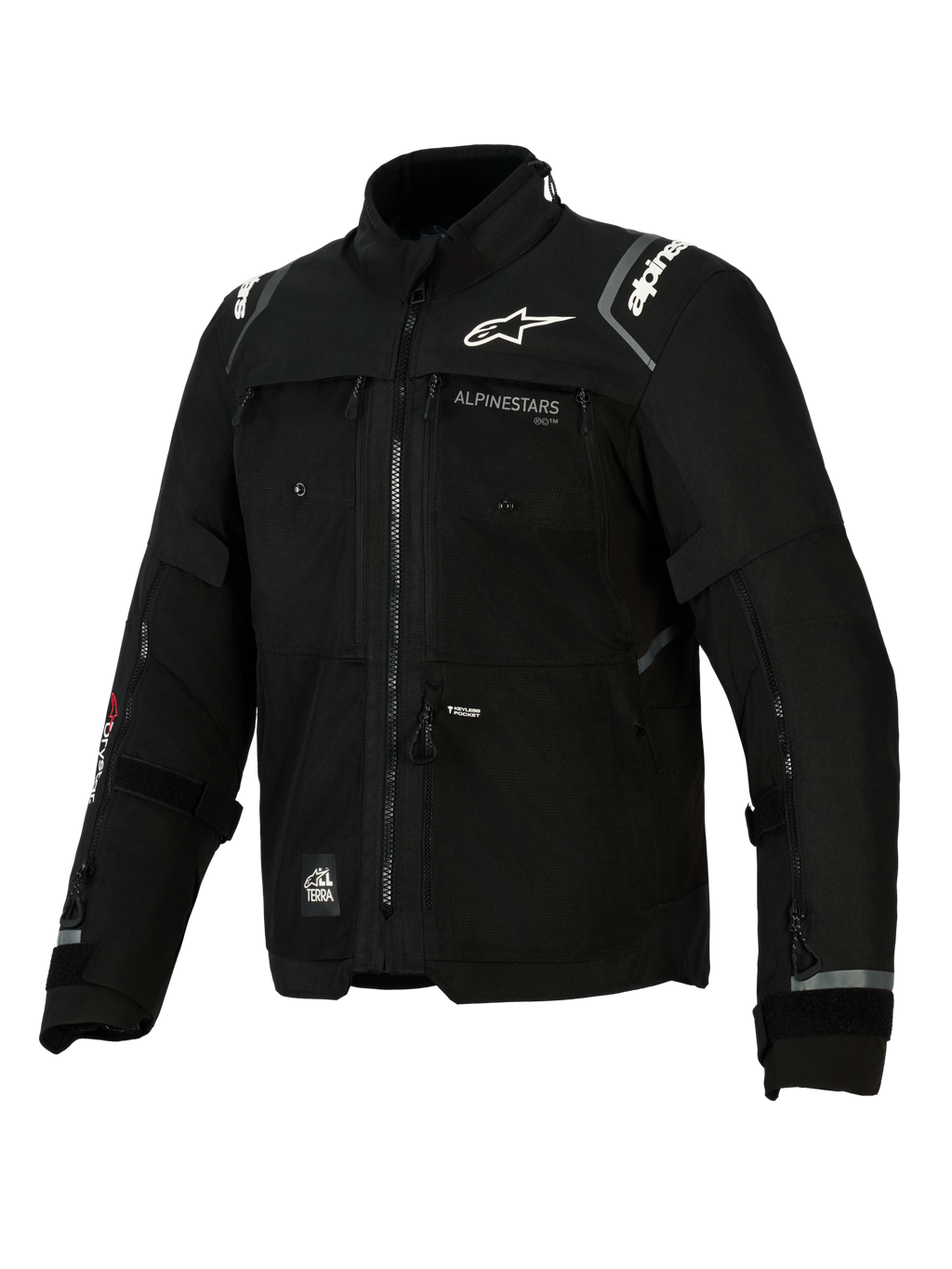 Alpinestars Cusco Drystar® Jacke, schwarze Motorradjacke für Adventure-Touring, technische Textilkonstruktion mit mehreren Belüftungsreißverschlüssen, weißes Alpinestars-Logo auf Brust und Schultern, All-Terra-Branding und reflektierende Details